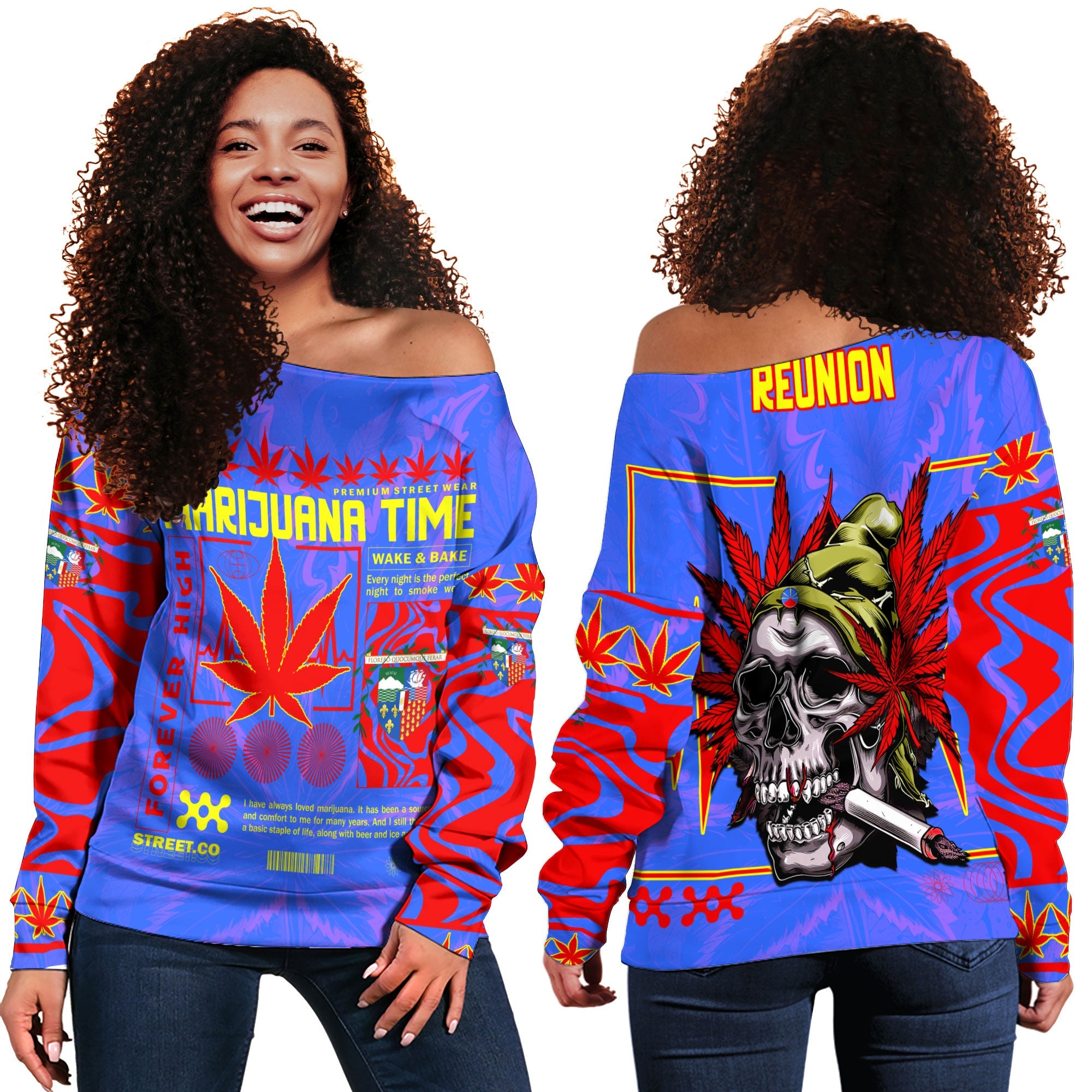 Reunion Women Off Shoulder Sweatshirt Flag & Coat Of Arms Marijuanas Style