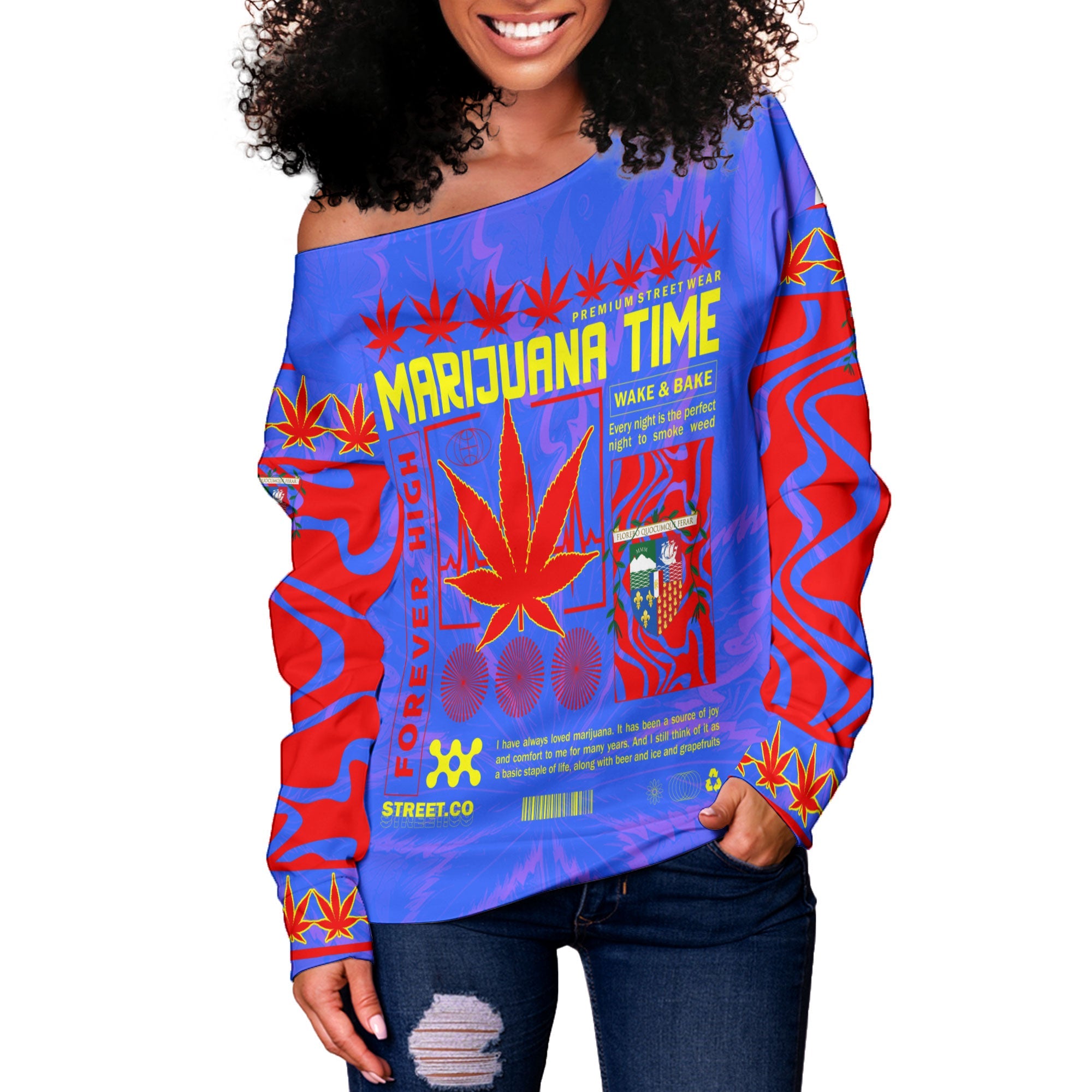 Reunion Women Off Shoulder Sweatshirt Flag & Coat Of Arms Marijuanas Style