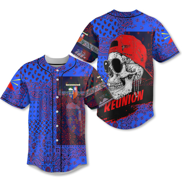 Reunion Baseball Jersey Paisley Flag And Skull Style 1