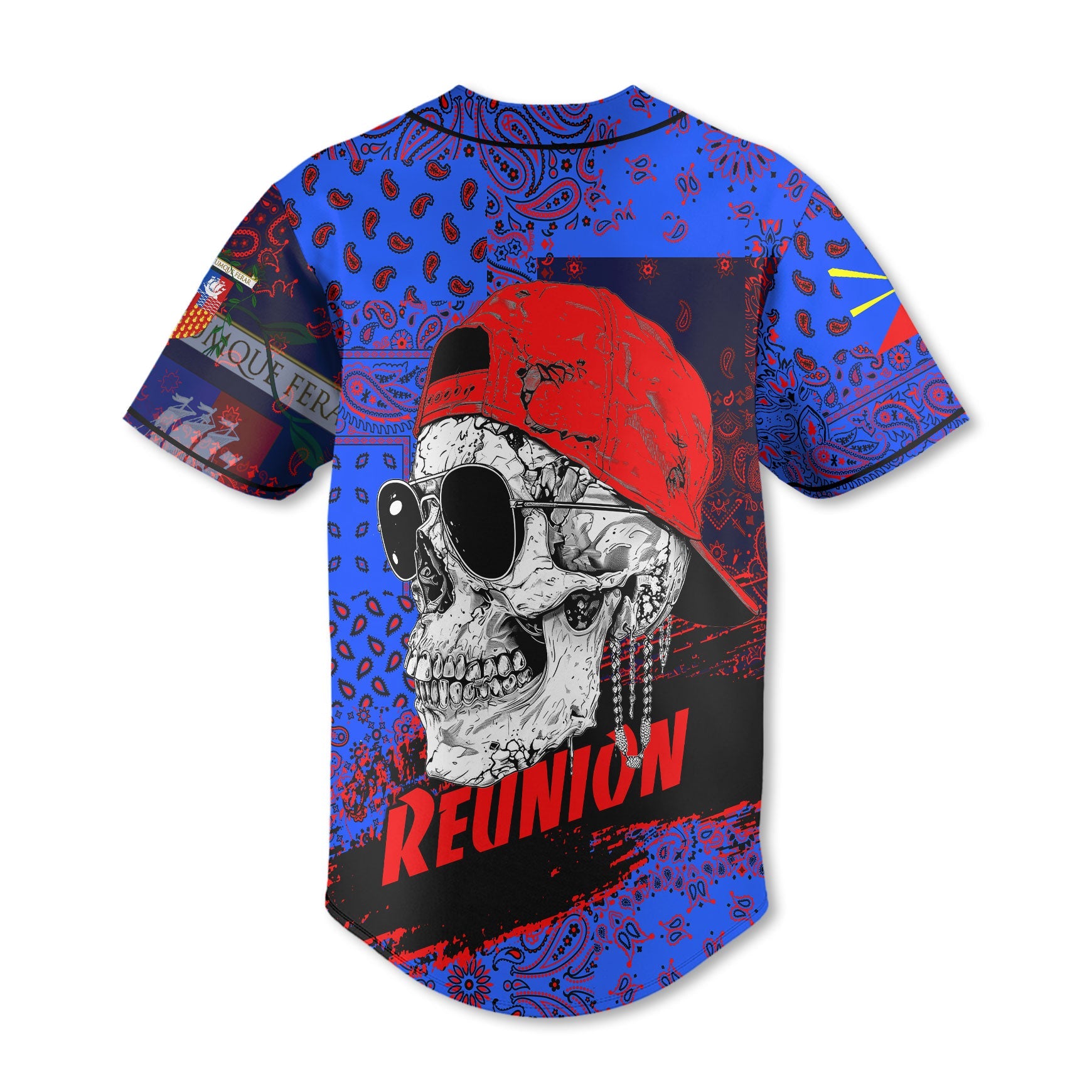 Reunion Baseball Jersey Paisley Flag And Skull Style 3