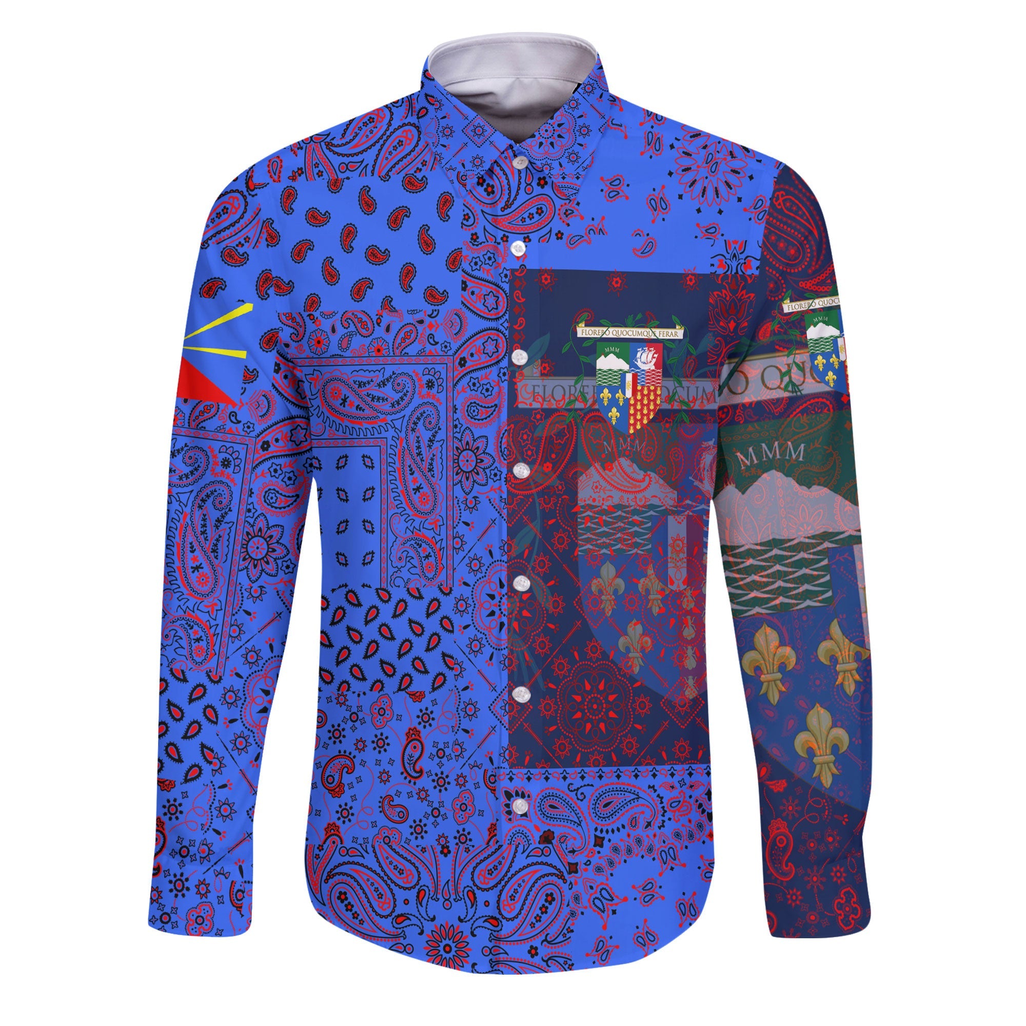 Reunion Long Sleeve Button Shirt Paisley Flag And Skull Style 1