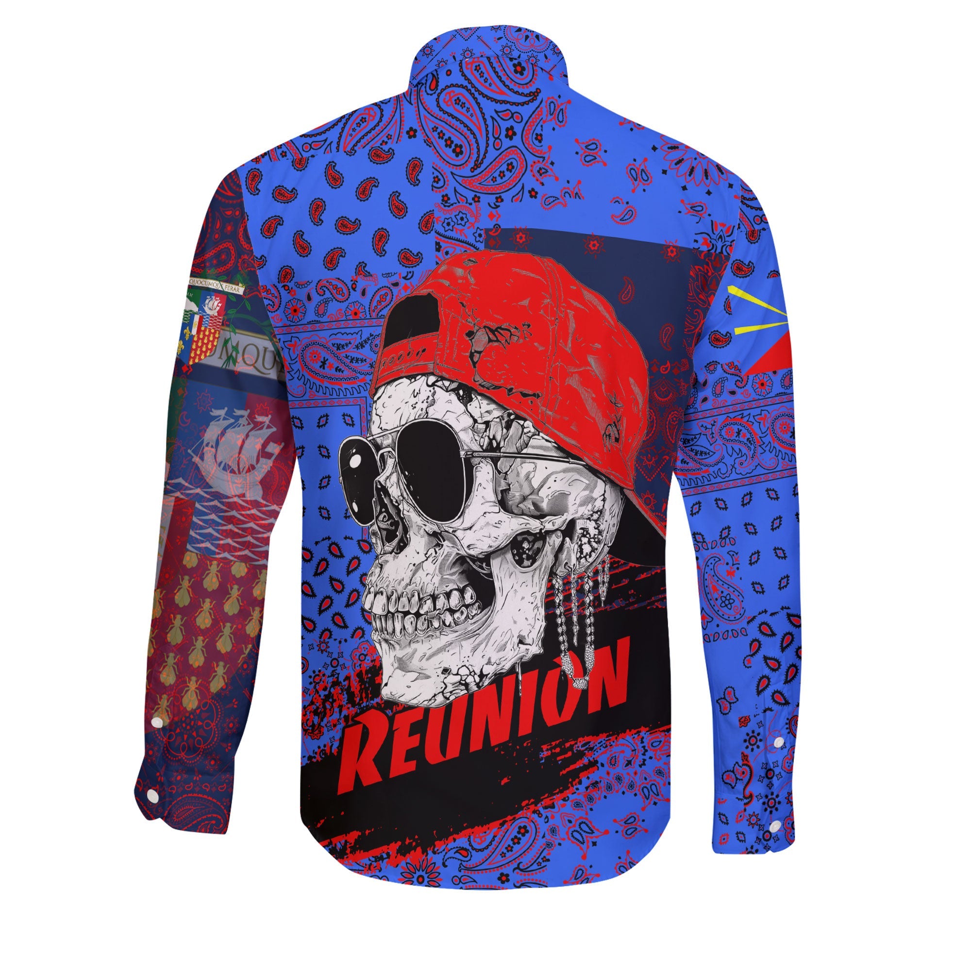 Reunion Long Sleeve Button Shirt Paisley Flag And Skull Style 2