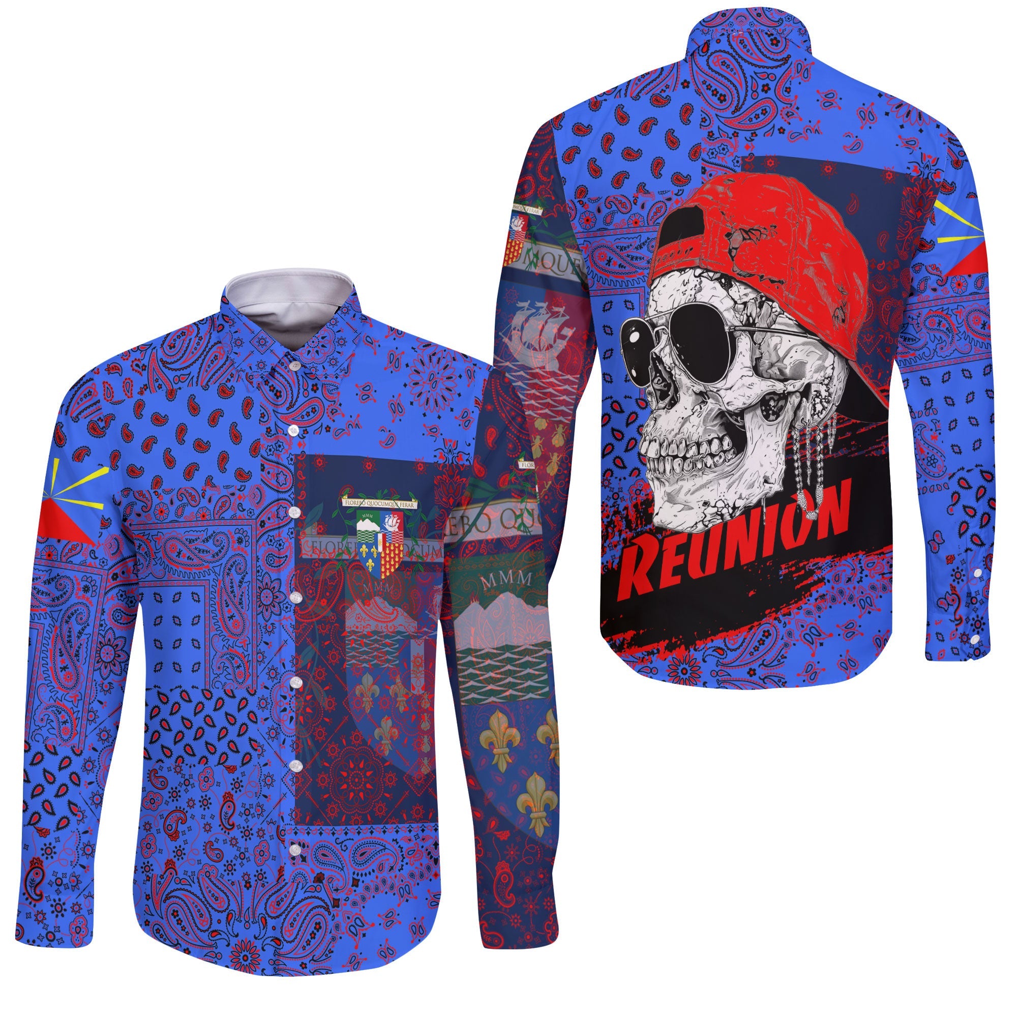 Reunion Long Sleeve Button Shirt Paisley Flag And Skull Style 3