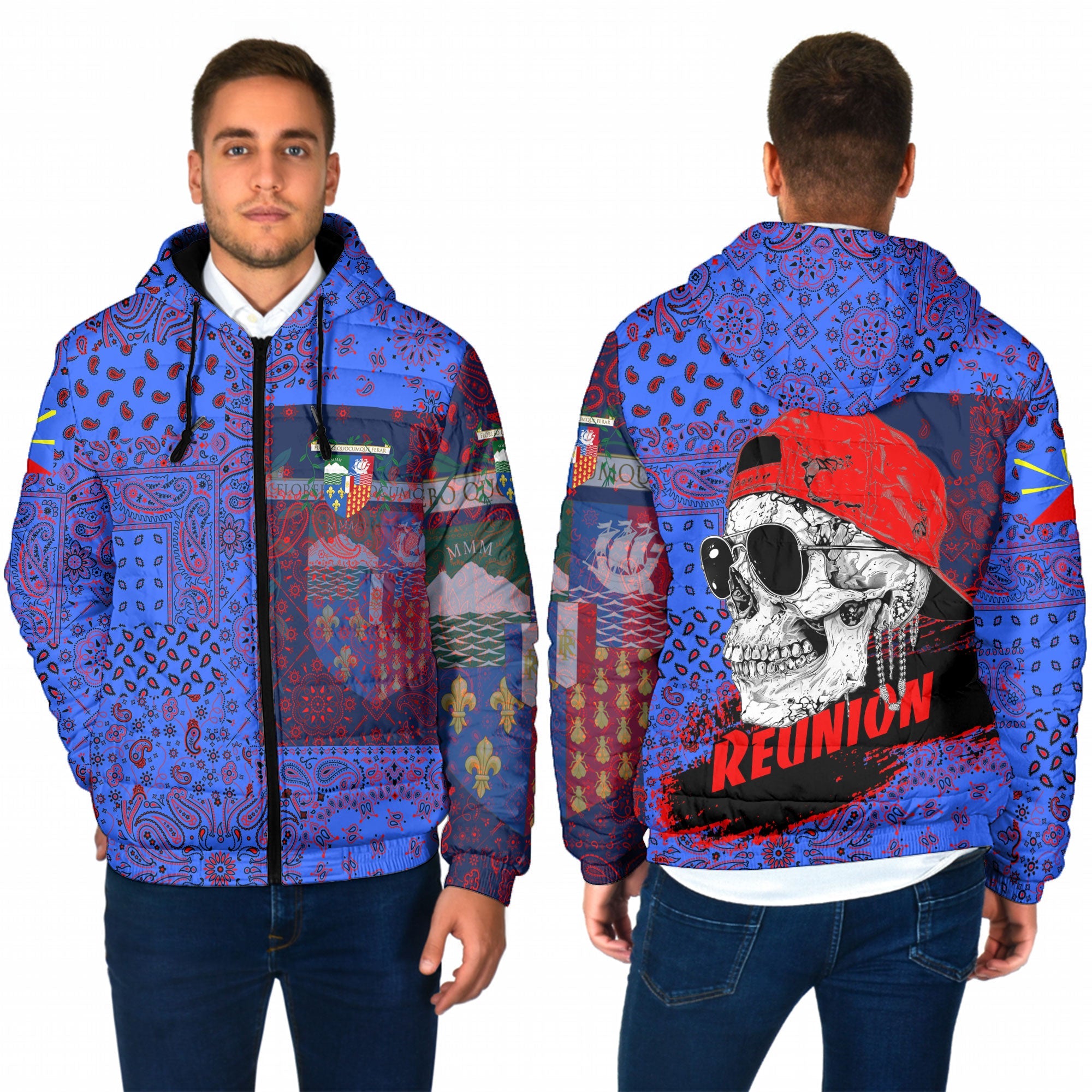 Reunion Men Hooded Padded Jacket Paisley Flag And Skull Style 1