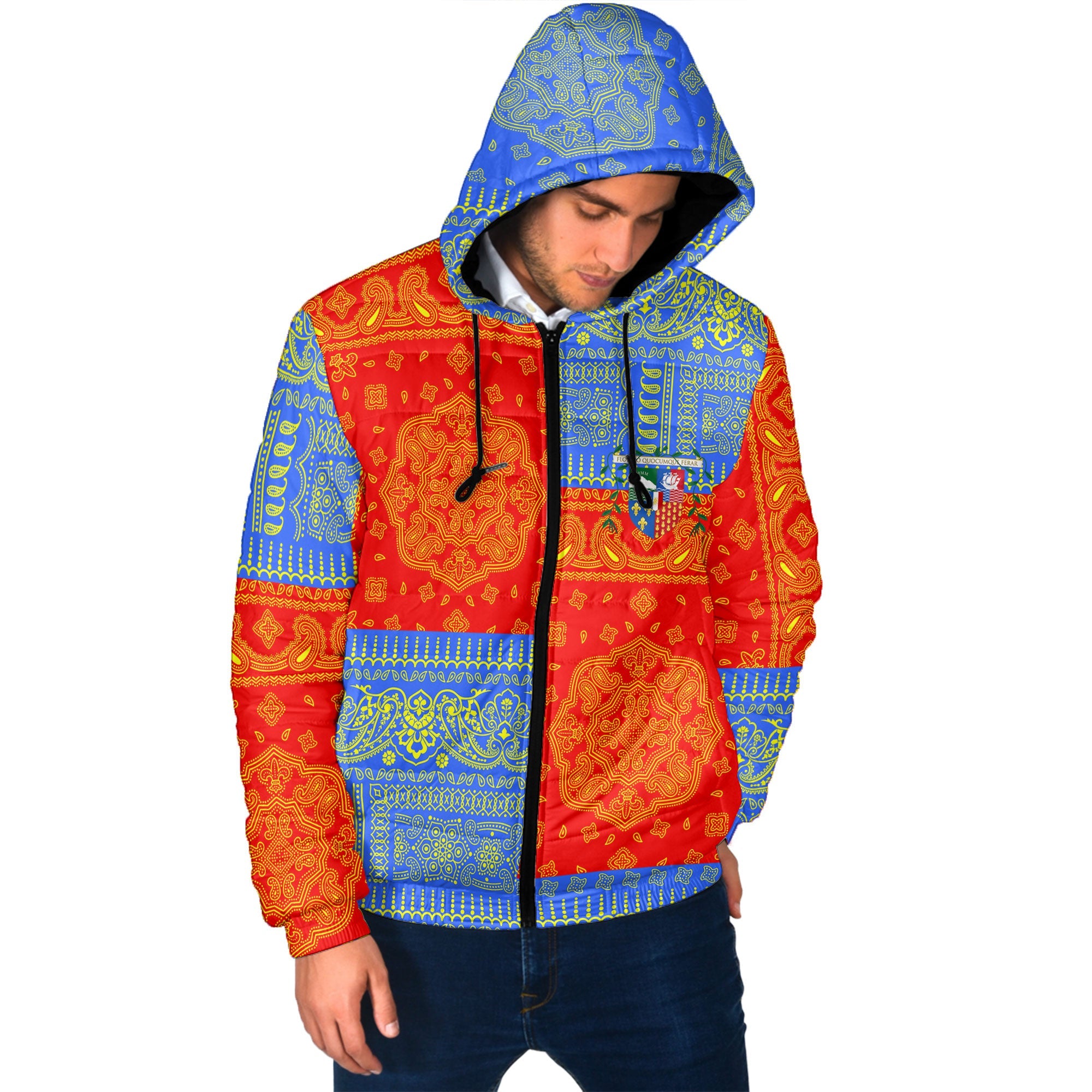 Reunion Men Hooded Padded Jacket Flag And Paisley Basic Style 2