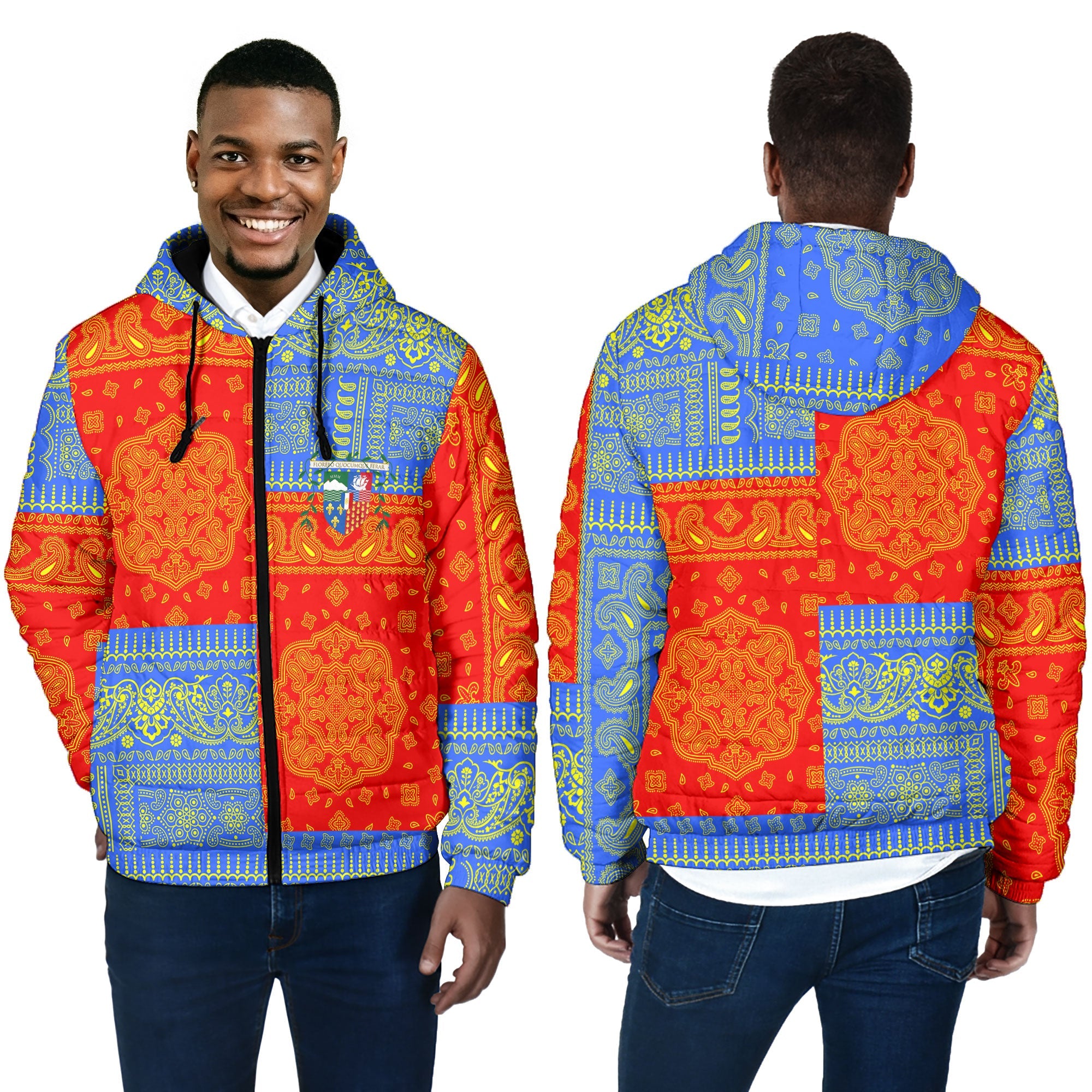 Reunion Men Hooded Padded Jacket Flag And Paisley Basic Style 4