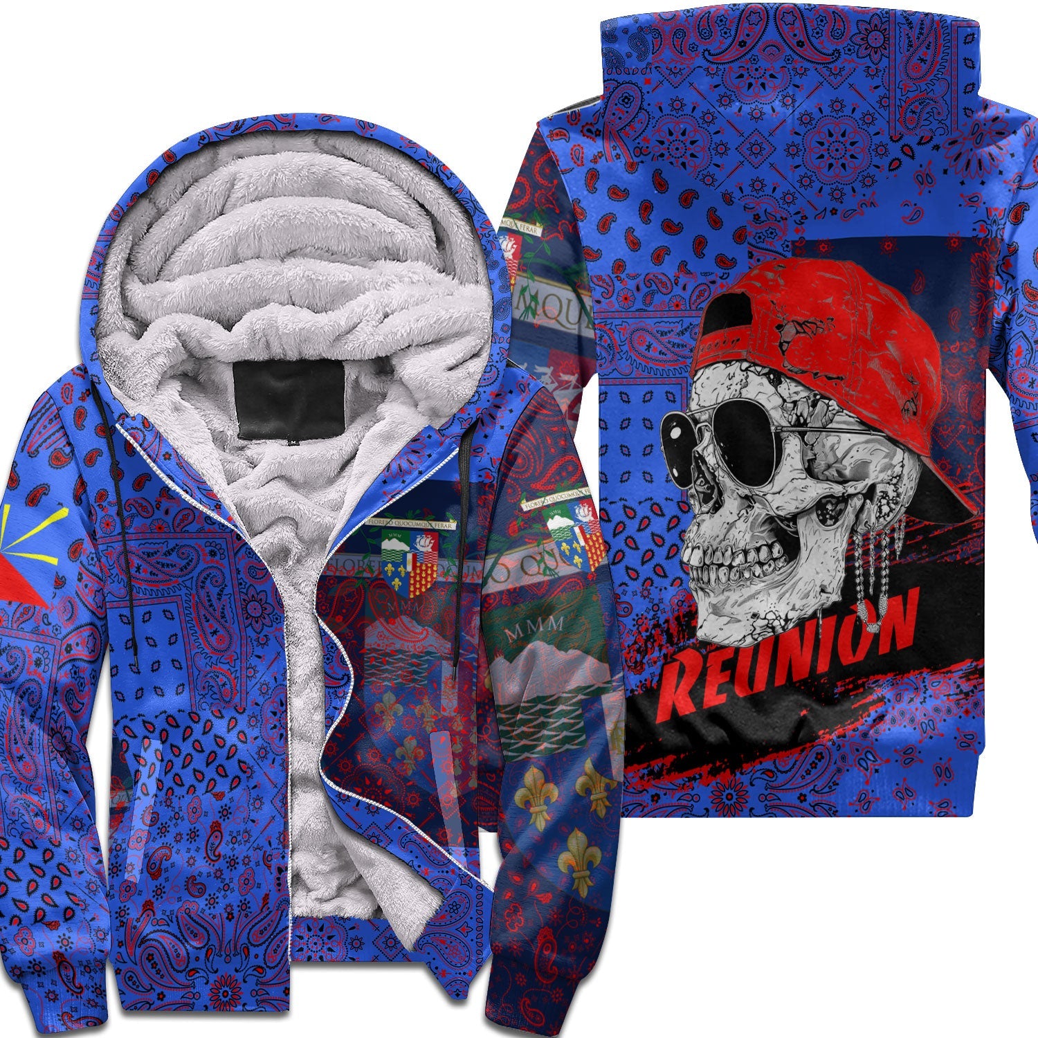 Reunion Sherpa Hoodie Paisley Flag And Skull Style 1