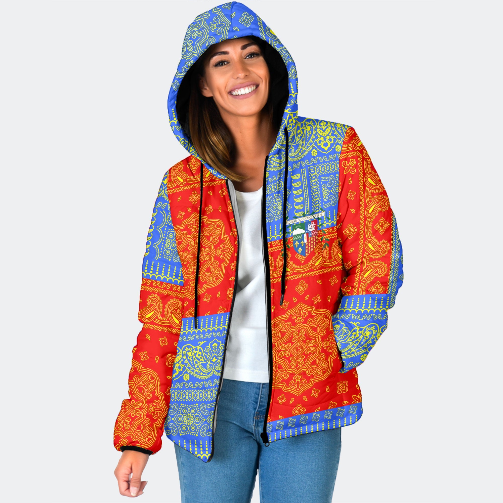 Reunion Women Hooded Padded Jacket Flag And Paisley Basic Style 1