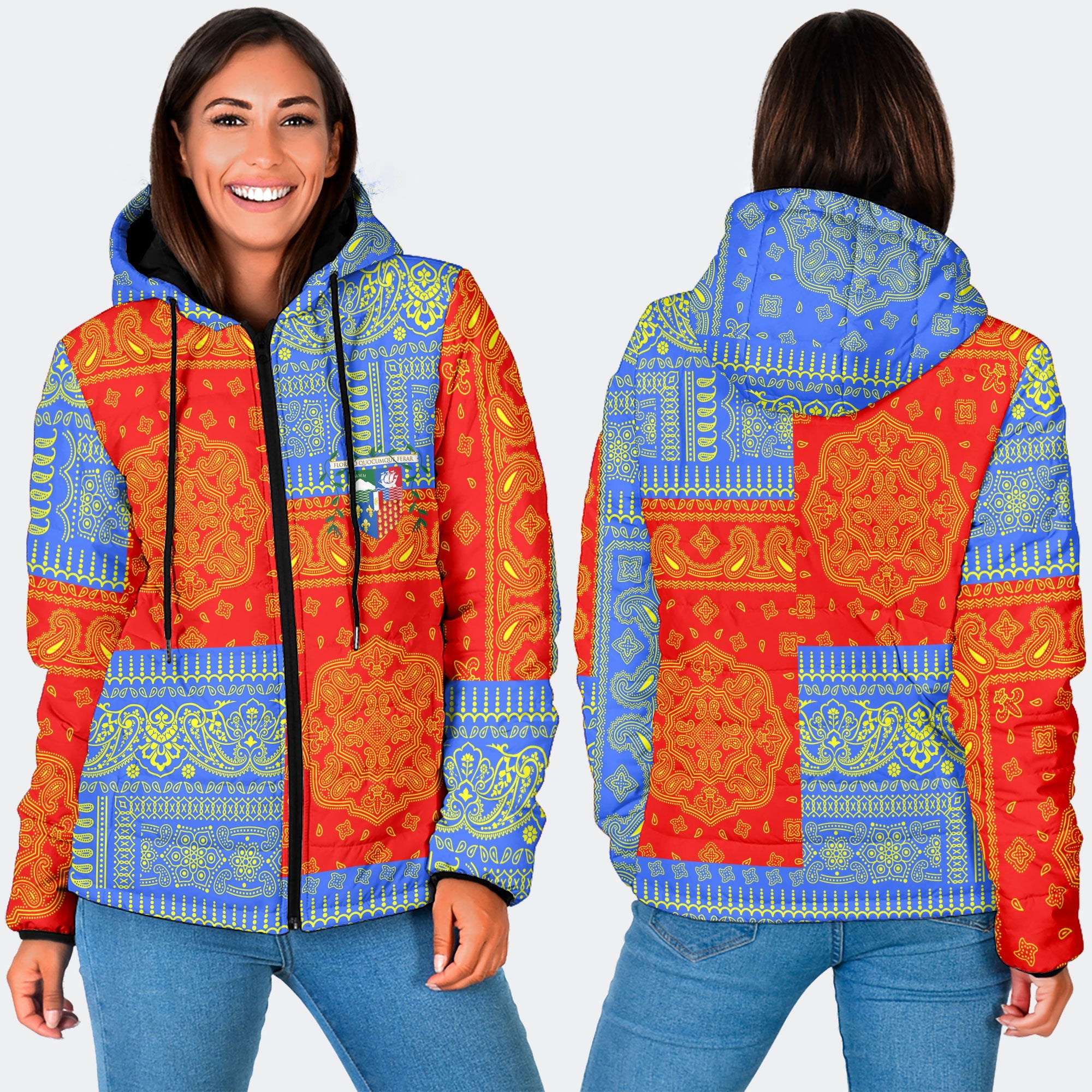 Reunion Women Hooded Padded Jacket Flag And Paisley Basic Style 3