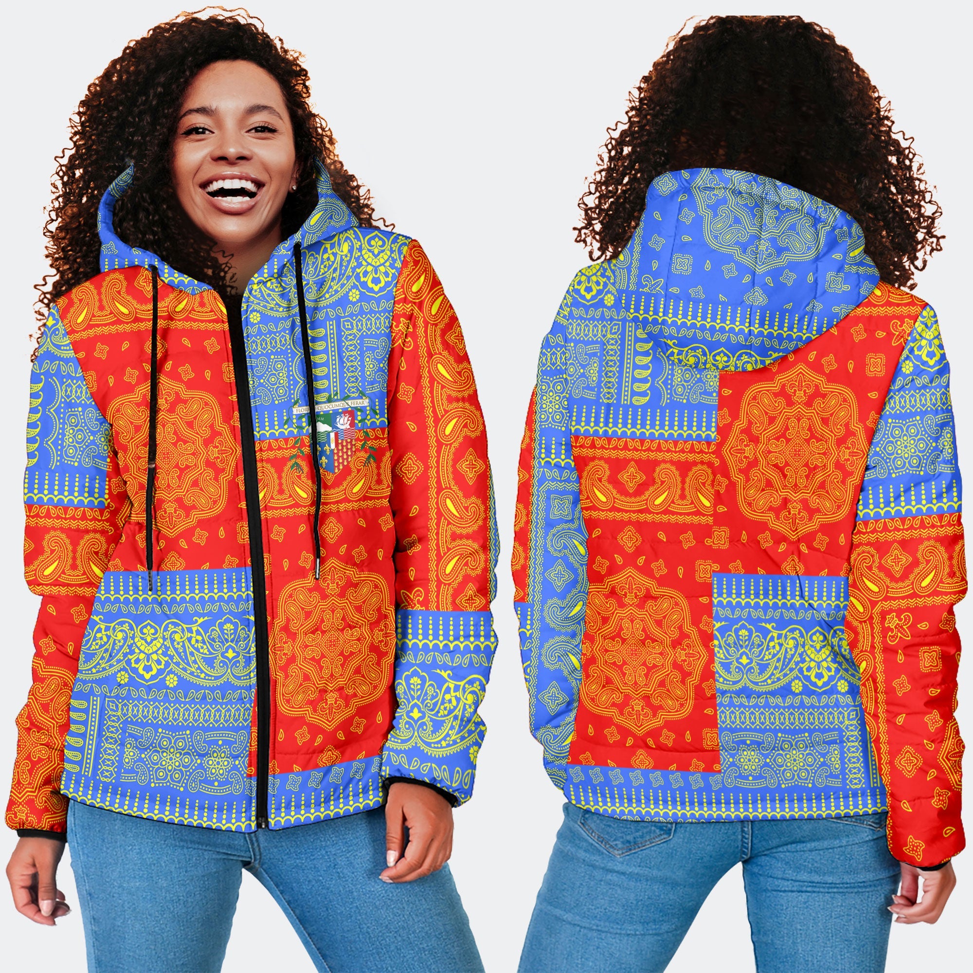 Reunion Women Hooded Padded Jacket Flag And Paisley Basic Style 4