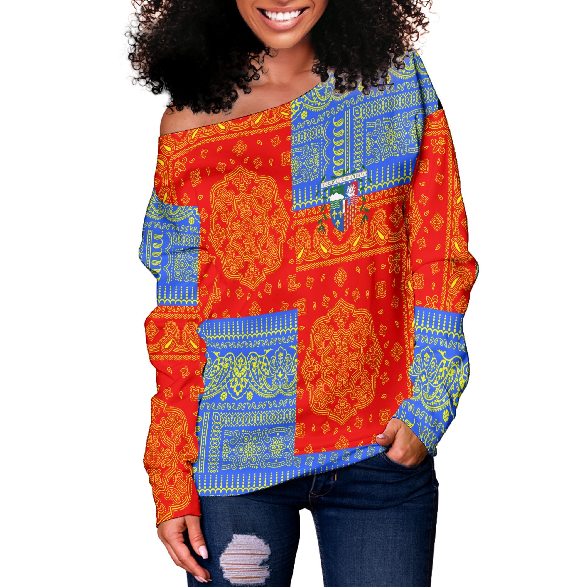 Reunion Women Off Shoulder Sweatshirt Flag And Paisley Basic Style 2