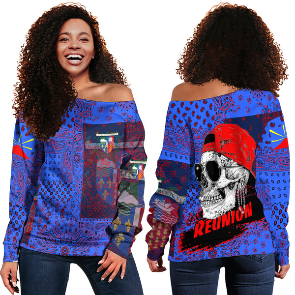 Reunion Women Off Shoulder Sweatshirt Paisley Flag And Skull Style 1