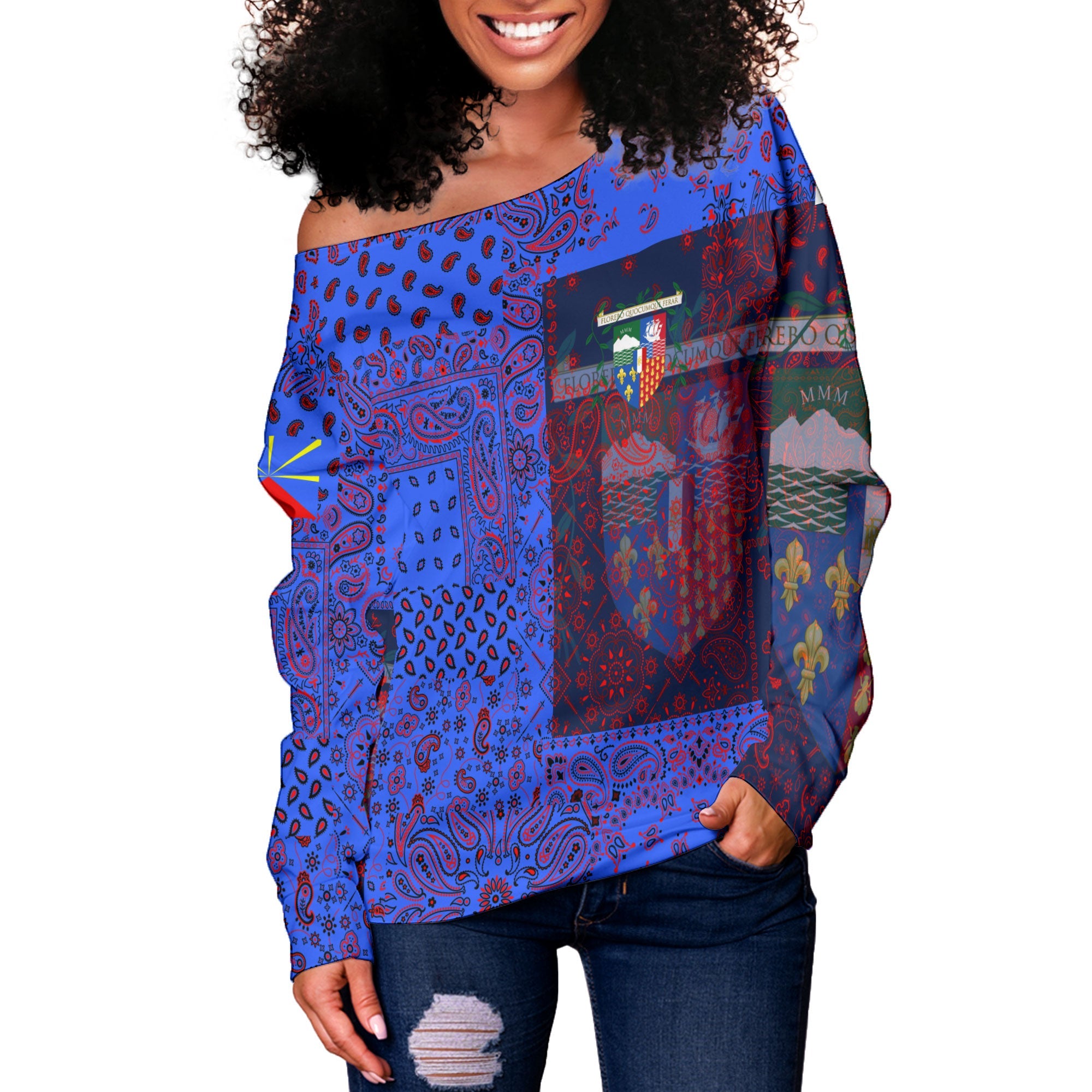 Reunion Women Off Shoulder Sweatshirt Paisley Flag And Skull Style 2