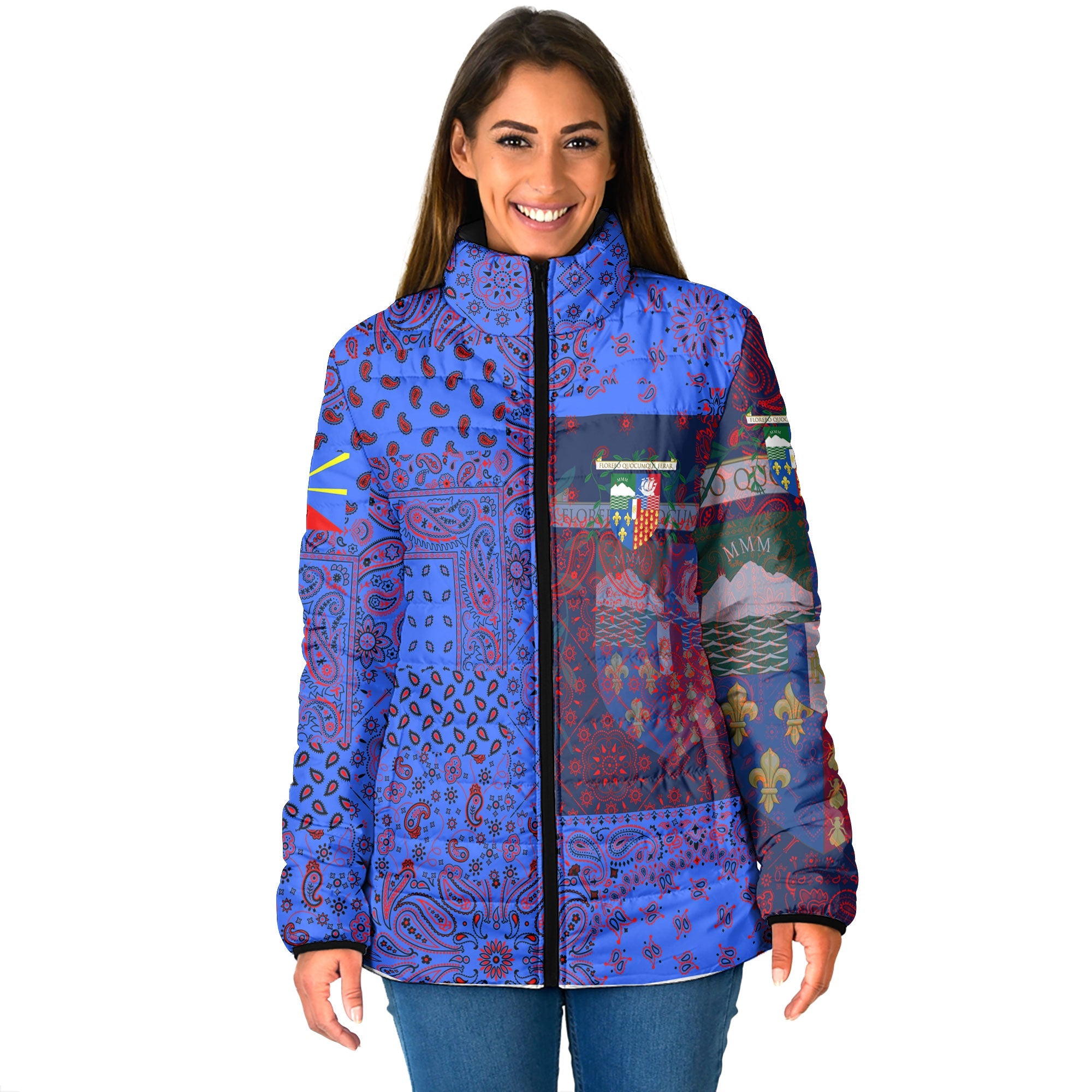 Reunion Women Padded Jacket Paisley Flag And Skull Style 1