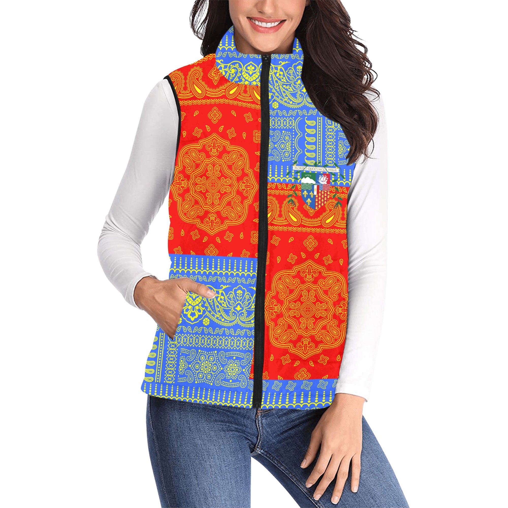 Reunion Women Padded Jacket Vest Flag And Paisley Basic Style 1