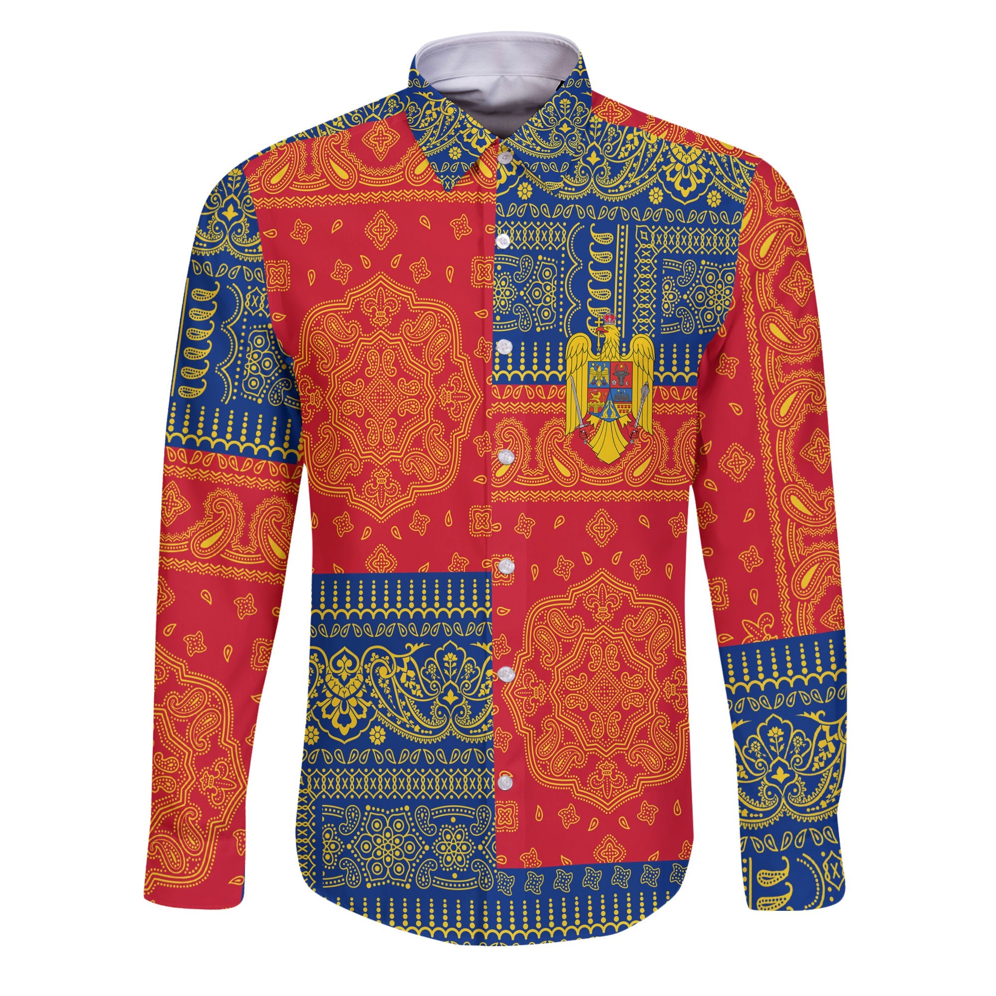 Romania Long Sleeve Button Shirt Flag And Paisley Basic Style 1