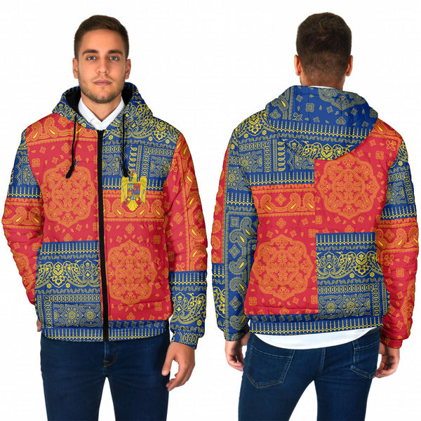 Romania Men Hooded Padded Jacket Flag And Paisley Basic Style 1