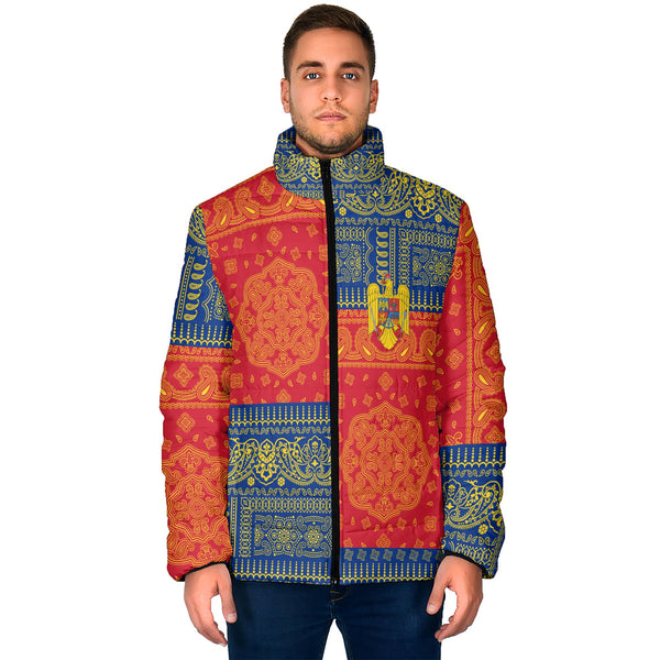 Romania Men Padded Jacket Flag And Paisley Basic Style 1