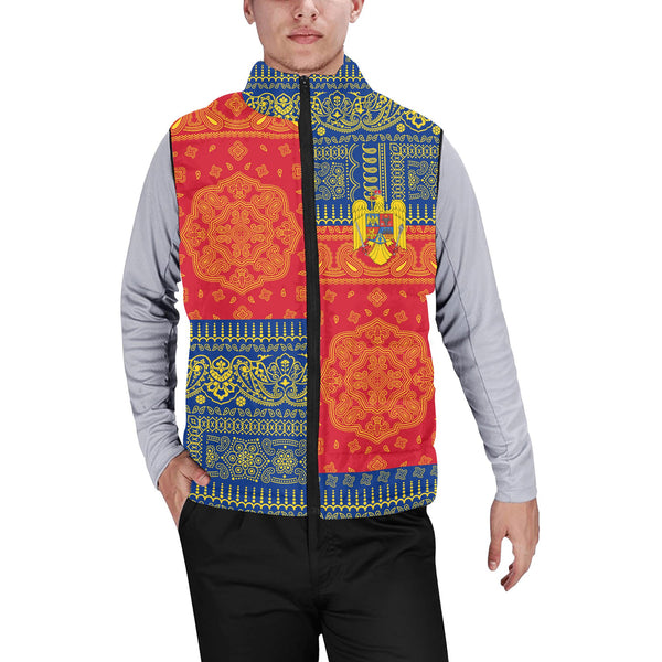 Romania Men Padded Jacket Vest Flag And Paisley Basic Style 1