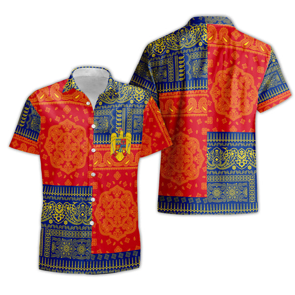 Romania Short Sleeve Shirt Flag And Paisley Basic Style 1