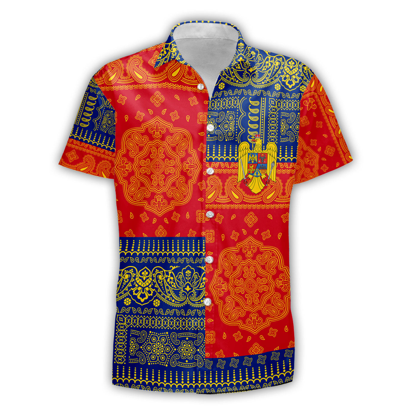 Romania Short Sleeve Shirt Flag And Paisley Basic Style 2