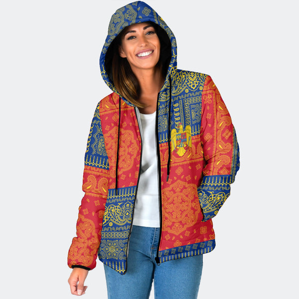 Romania Women Hooded Padded Jacket Flag And Paisley Basic Style 1