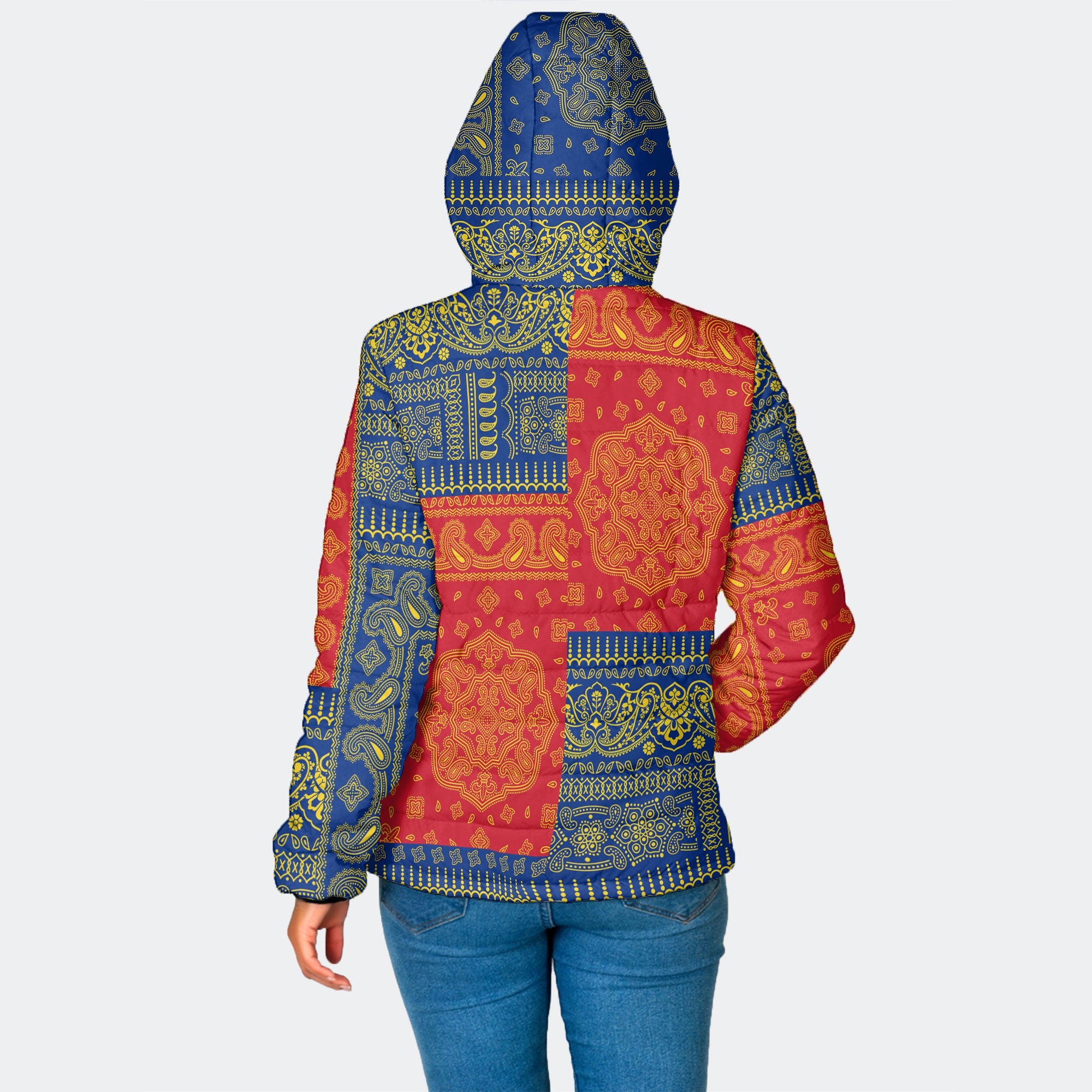 Romania Women Hooded Padded Jacket Flag And Paisley Basic Style 2