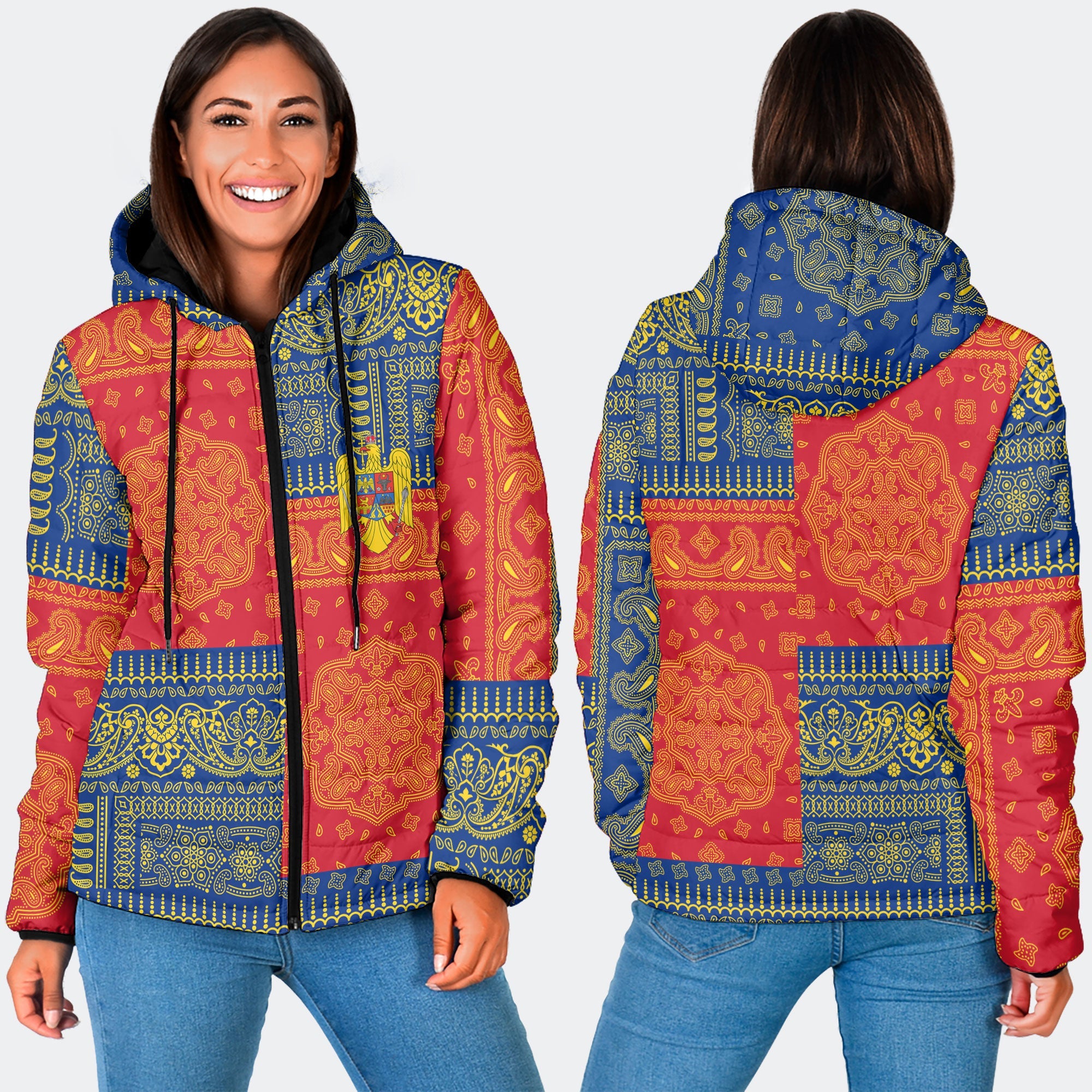 Romania Women Hooded Padded Jacket Flag And Paisley Basic Style 3