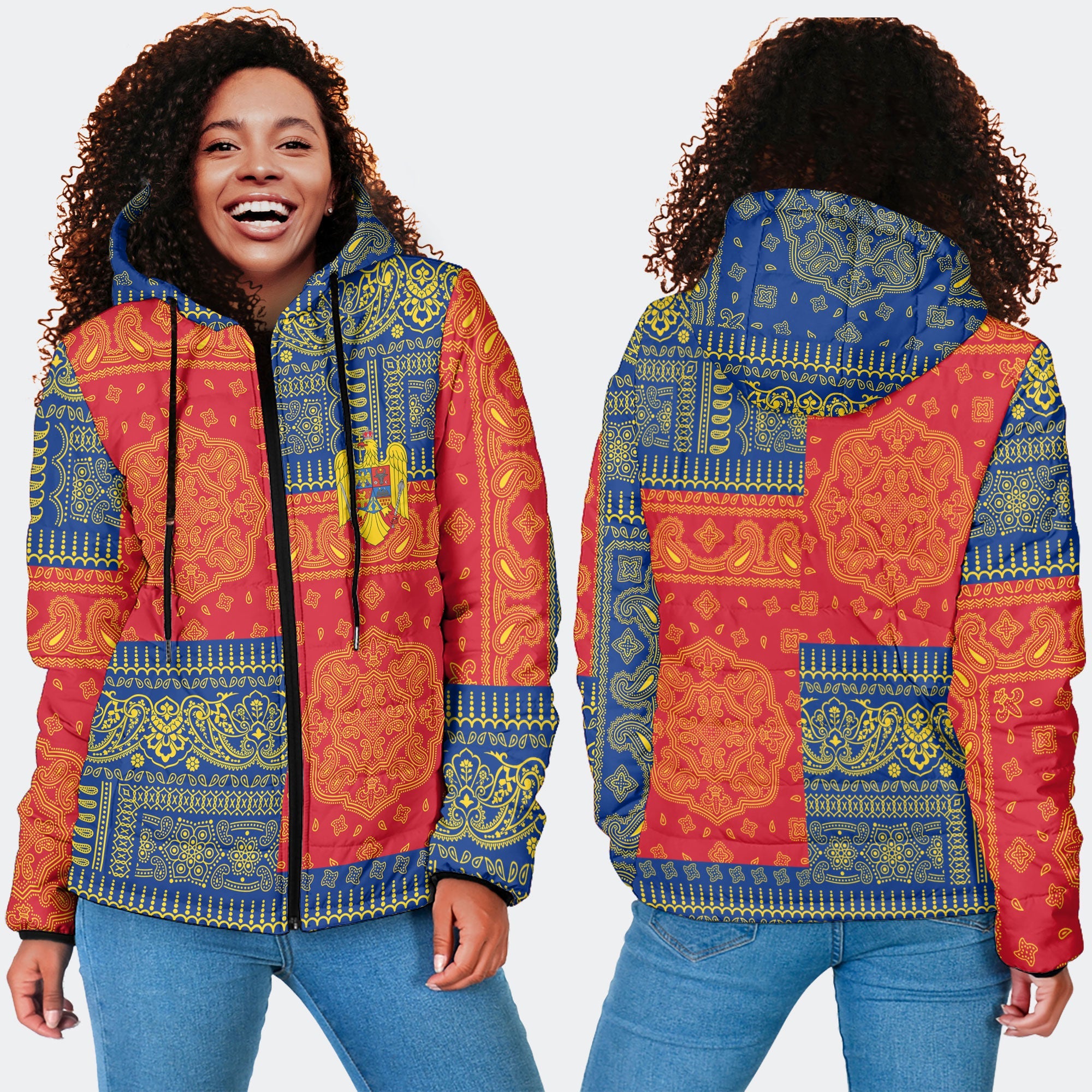 Romania Women Hooded Padded Jacket Flag And Paisley Basic Style 4