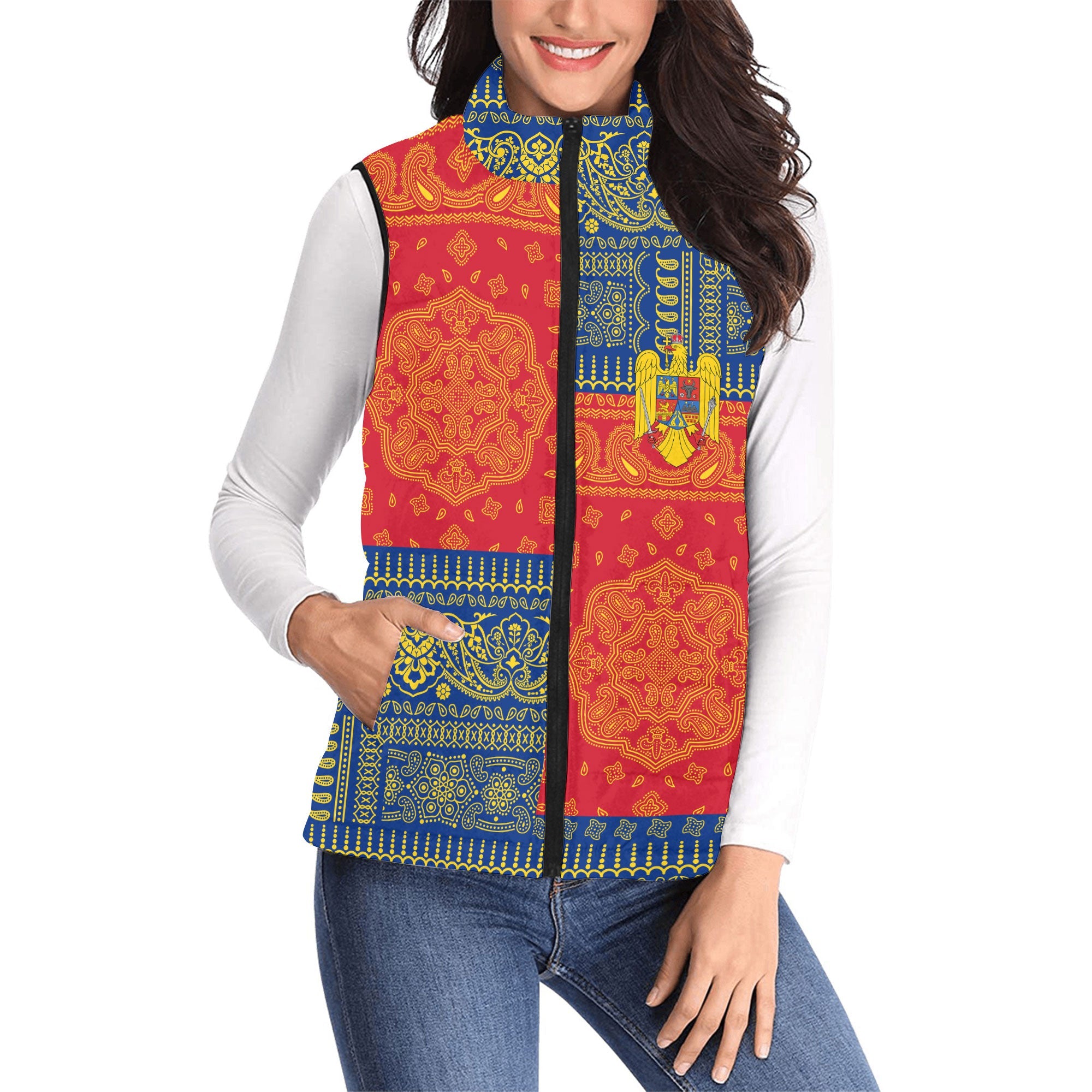 Romania Women Padded Jacket Vest Flag And Paisley Basic Style 1