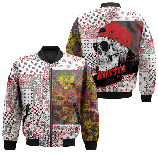 Russia Bomber Jacket Paisley Flag And Skull Style 1