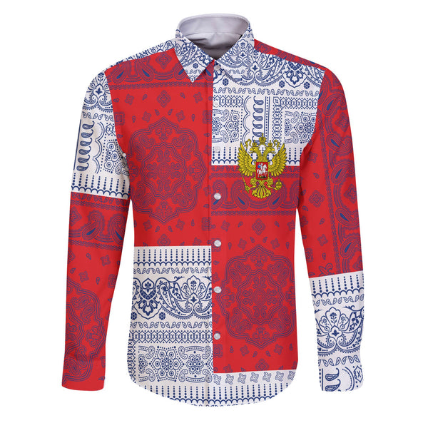 Russia Long Sleeve Button Shirt Flag And Paisley Basic Style 1