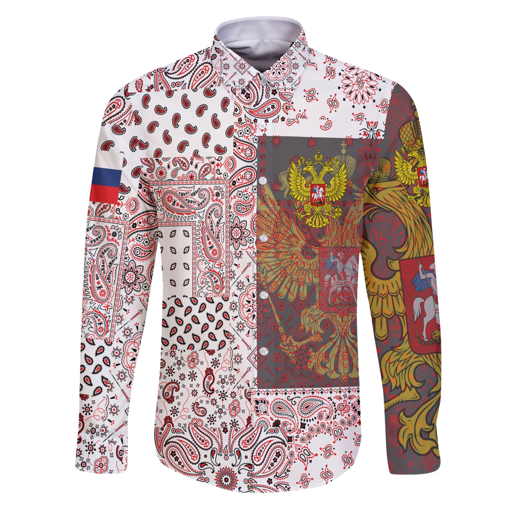 Russia Long Sleeve Button Shirt Paisley Flag And Skull Style 1