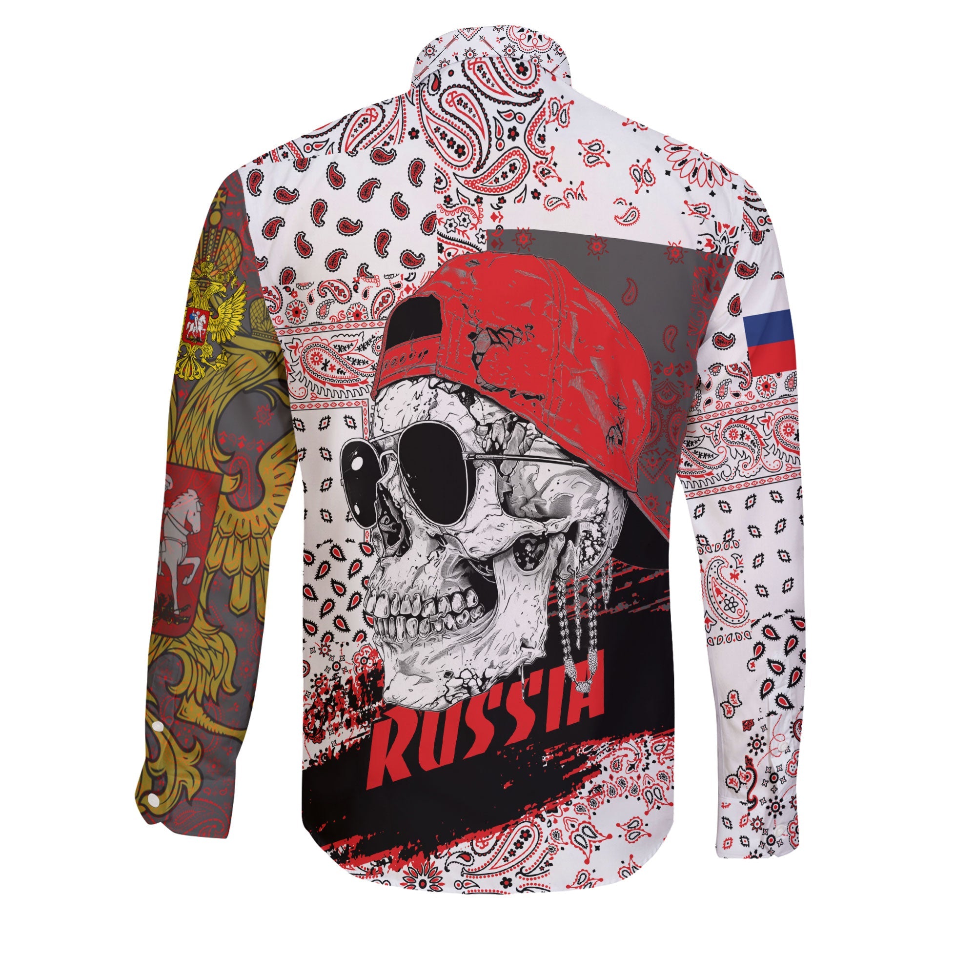 Russia Long Sleeve Button Shirt Paisley Flag And Skull Style 2