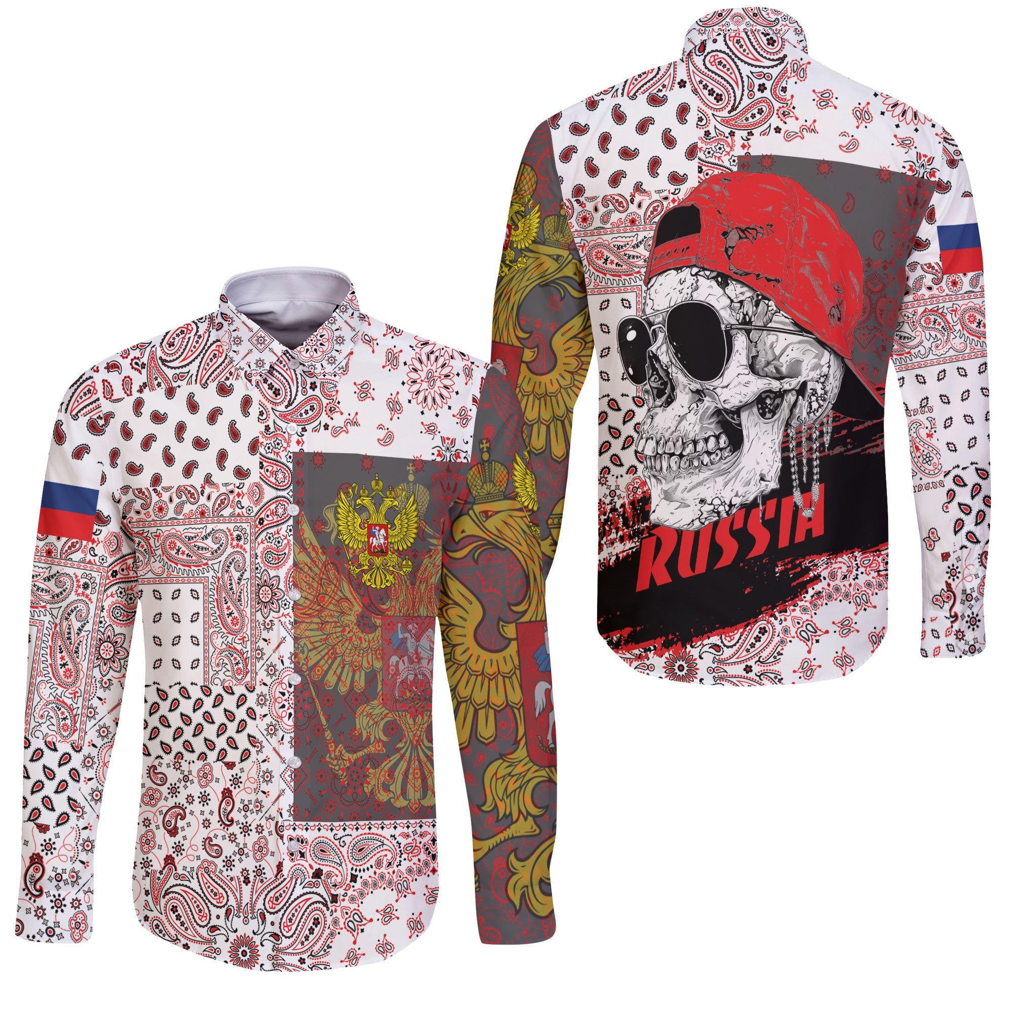 Russia Long Sleeve Button Shirt Paisley Flag And Skull Style 3