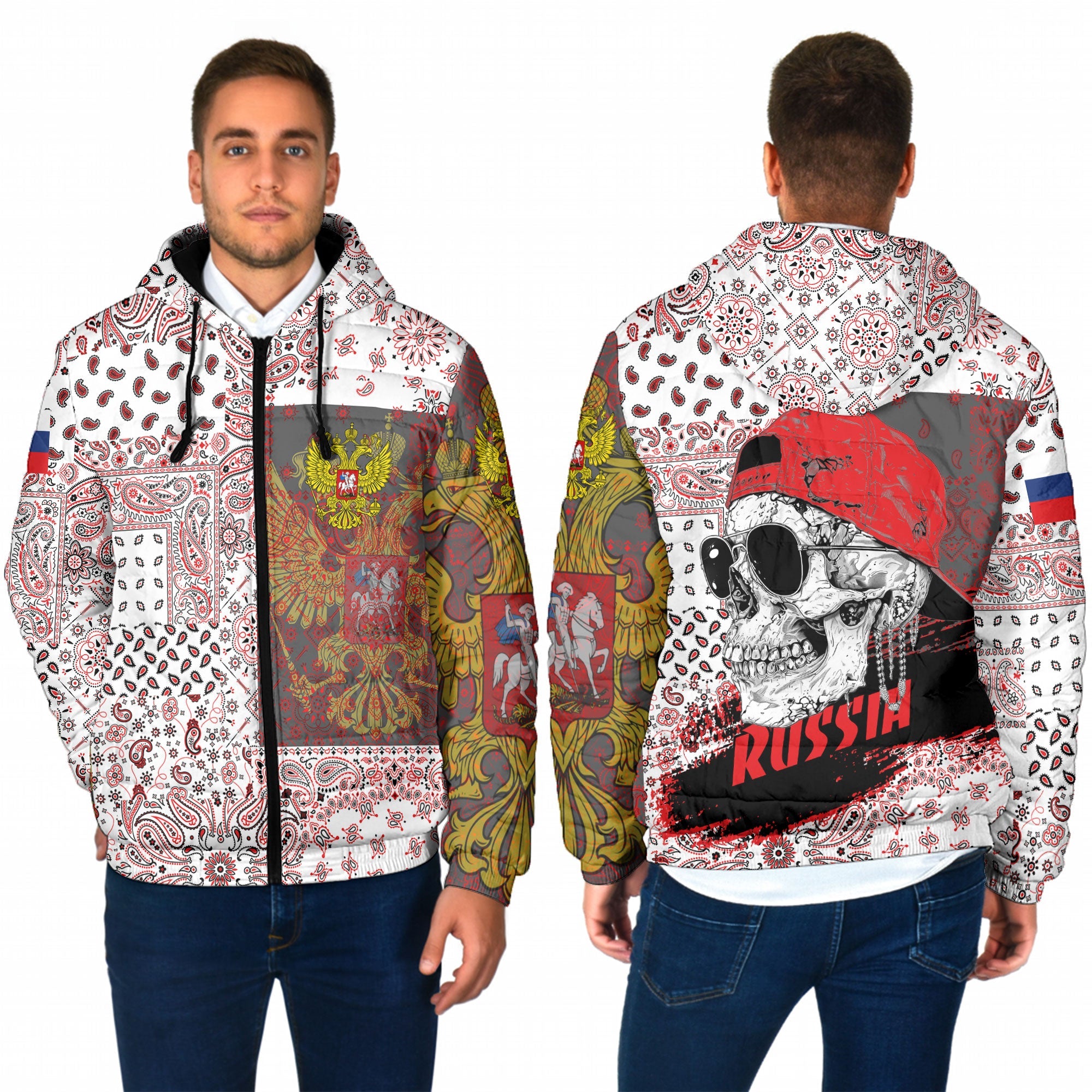 Russia Men Hooded Padded Jacket Paisley Flag And Skull Style 1