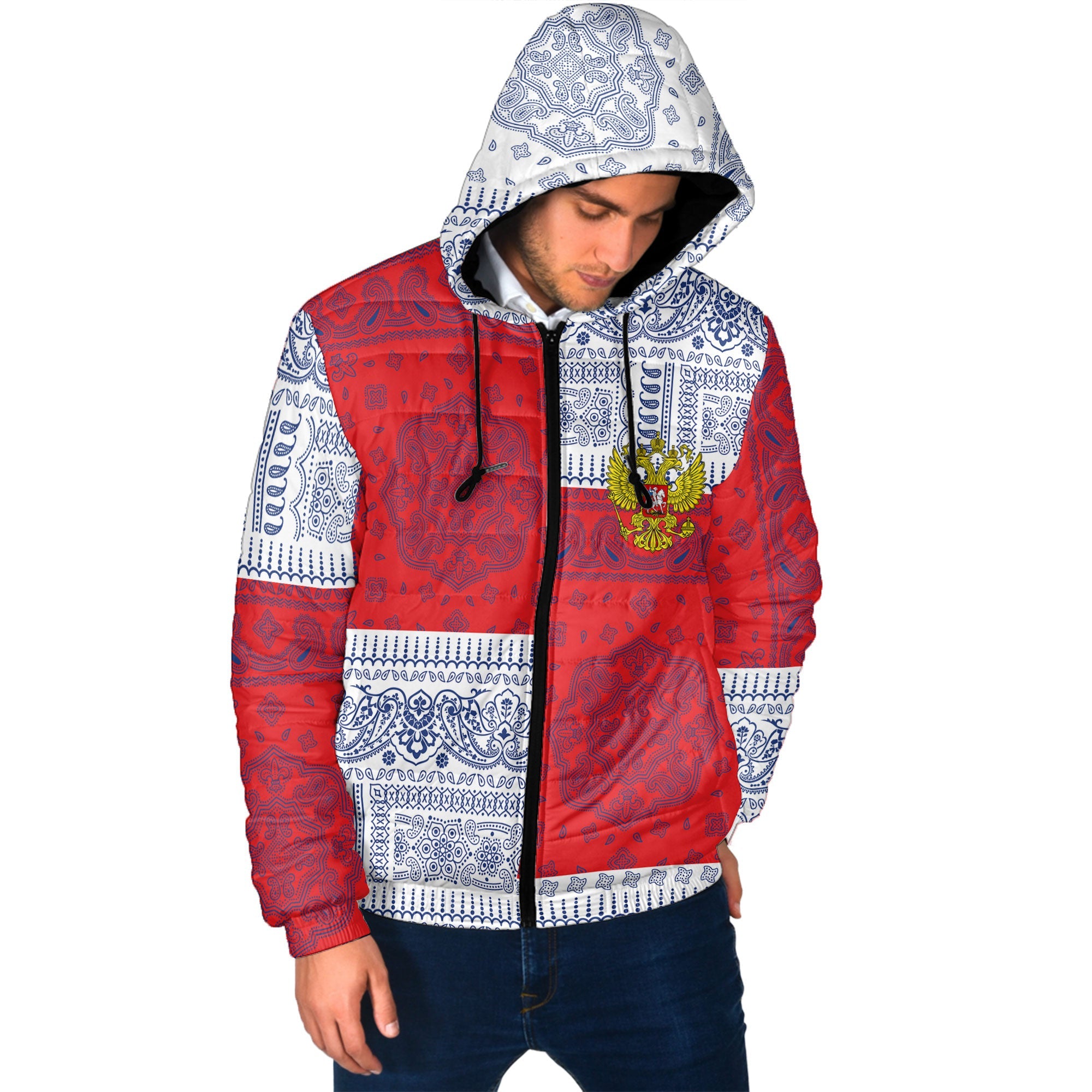 Russia Men Hooded Padded Jacket Flag And Paisley Basic Style 2