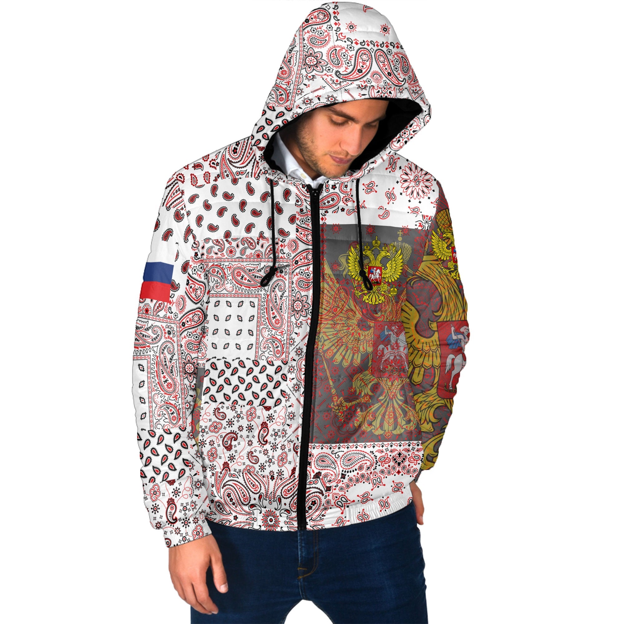 Russia Men Hooded Padded Jacket Paisley Flag And Skull Style 2