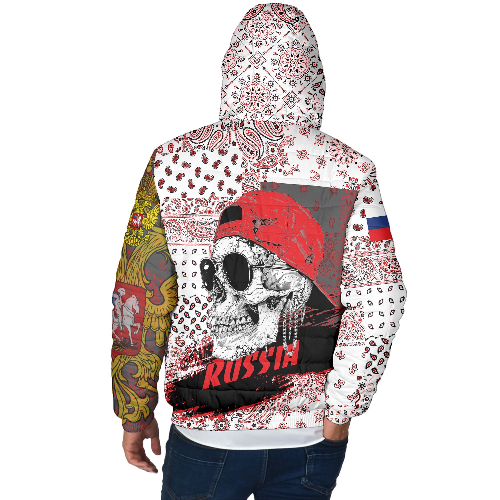 Russia Men Hooded Padded Jacket Paisley Flag And Skull Style 3