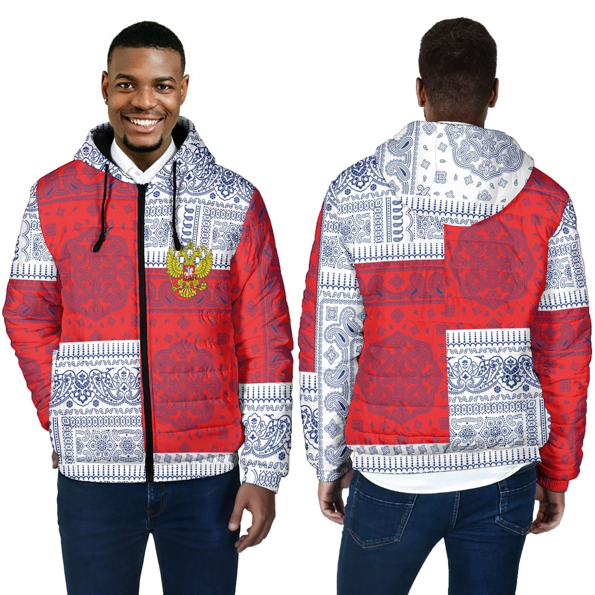 Russia Men Hooded Padded Jacket Flag And Paisley Basic Style 4