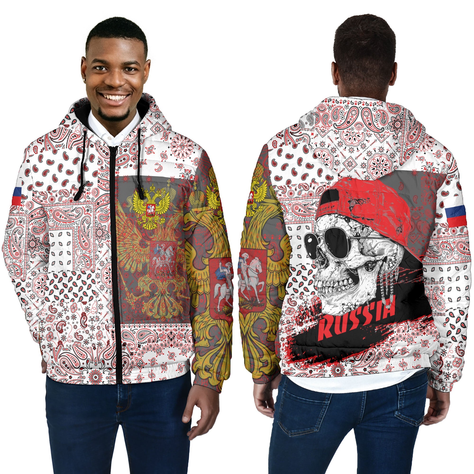 Russia Men Hooded Padded Jacket Paisley Flag And Skull Style 4