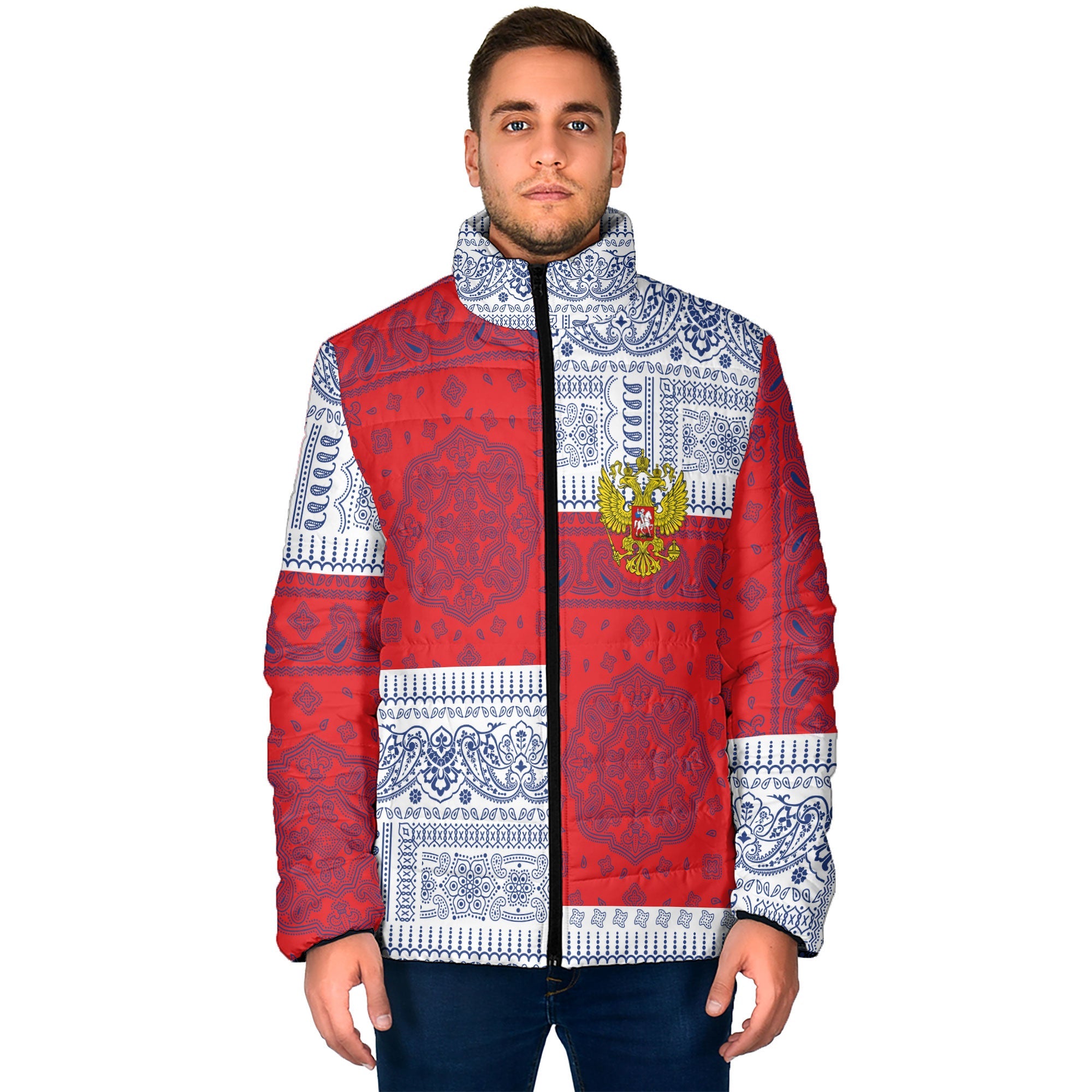 Russia Men Padded Jacket Flag And Paisley Basic Style 1