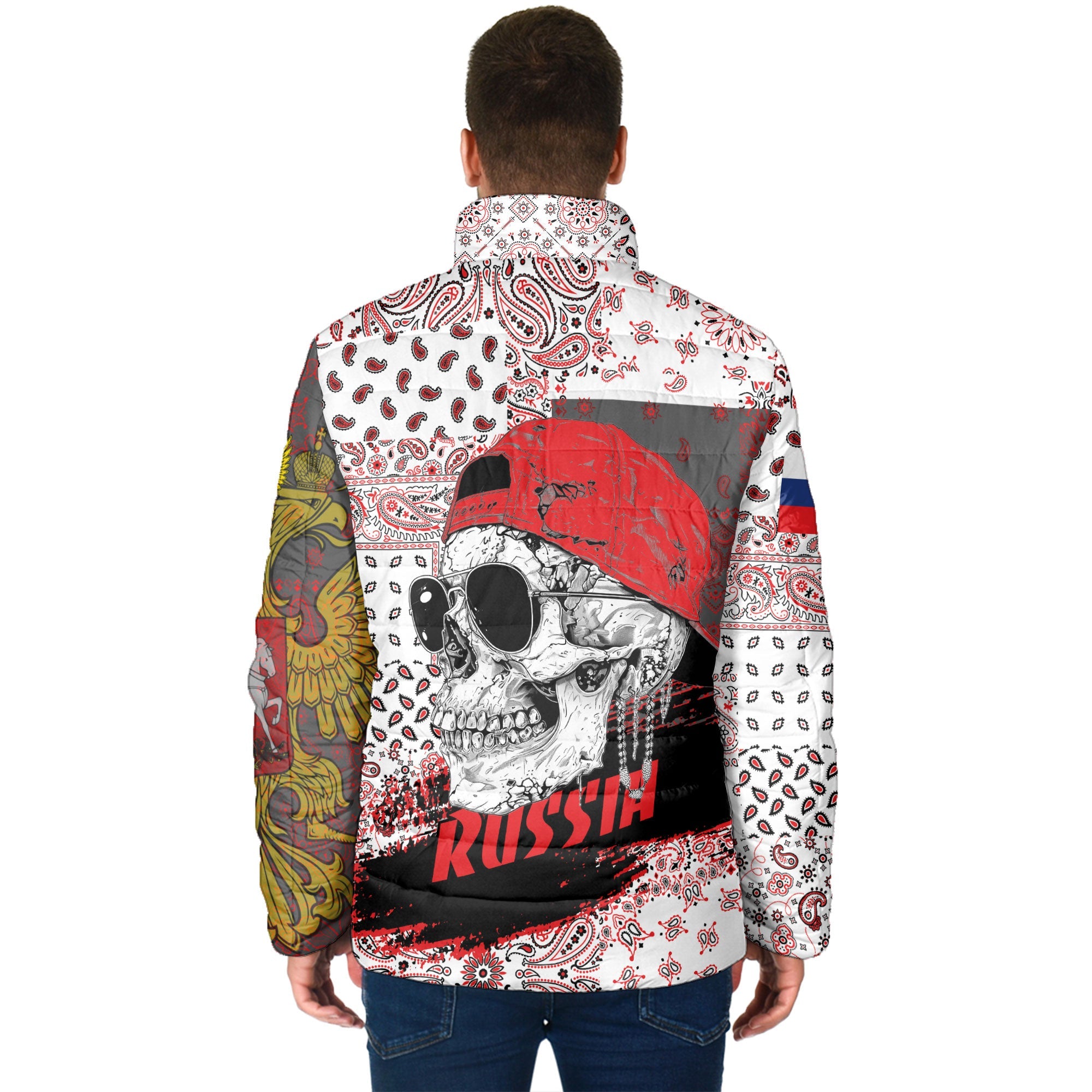 Russia Men Padded Jacket Paisley Flag And Skull Style 2