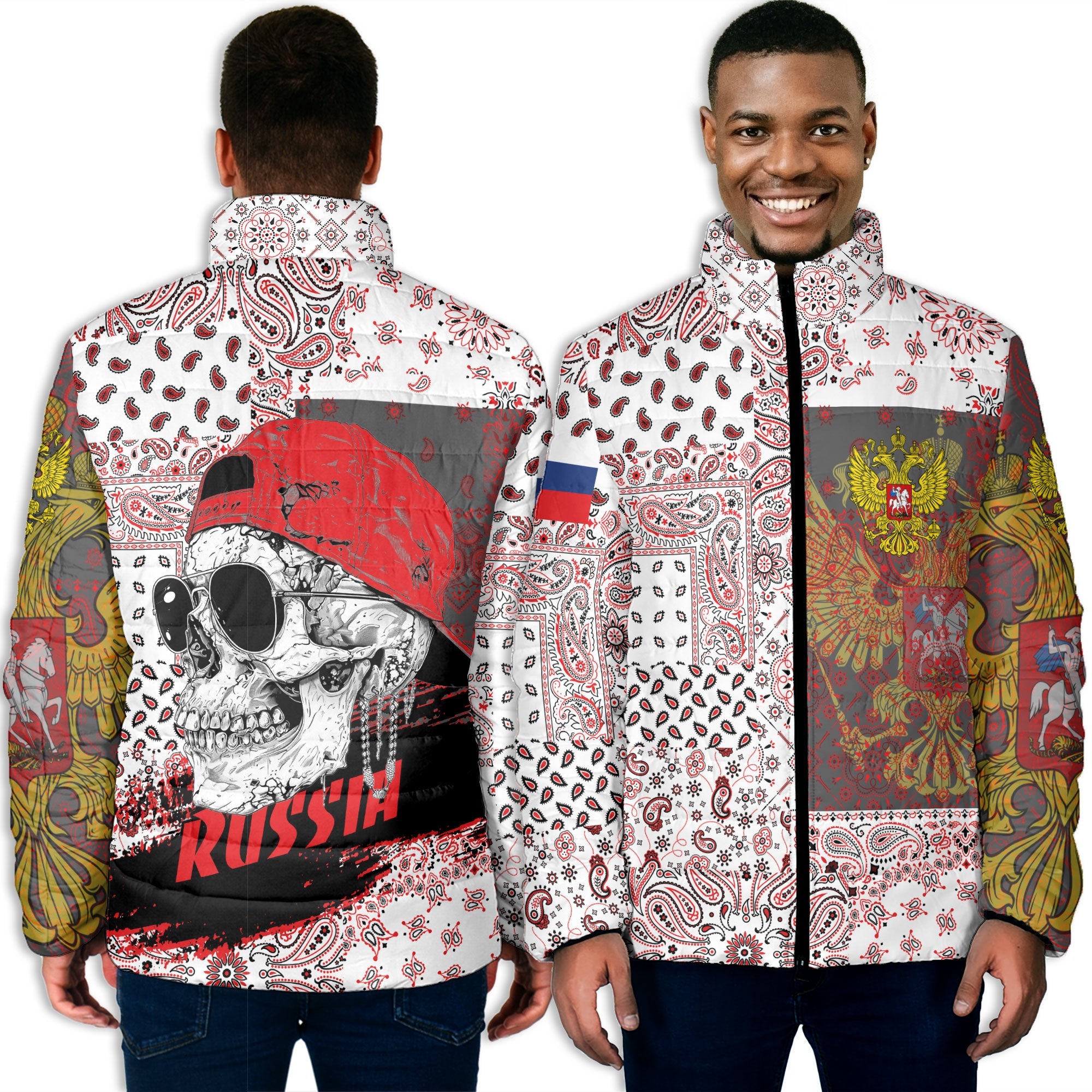 Russia Men Padded Jacket Paisley Flag And Skull Style 3