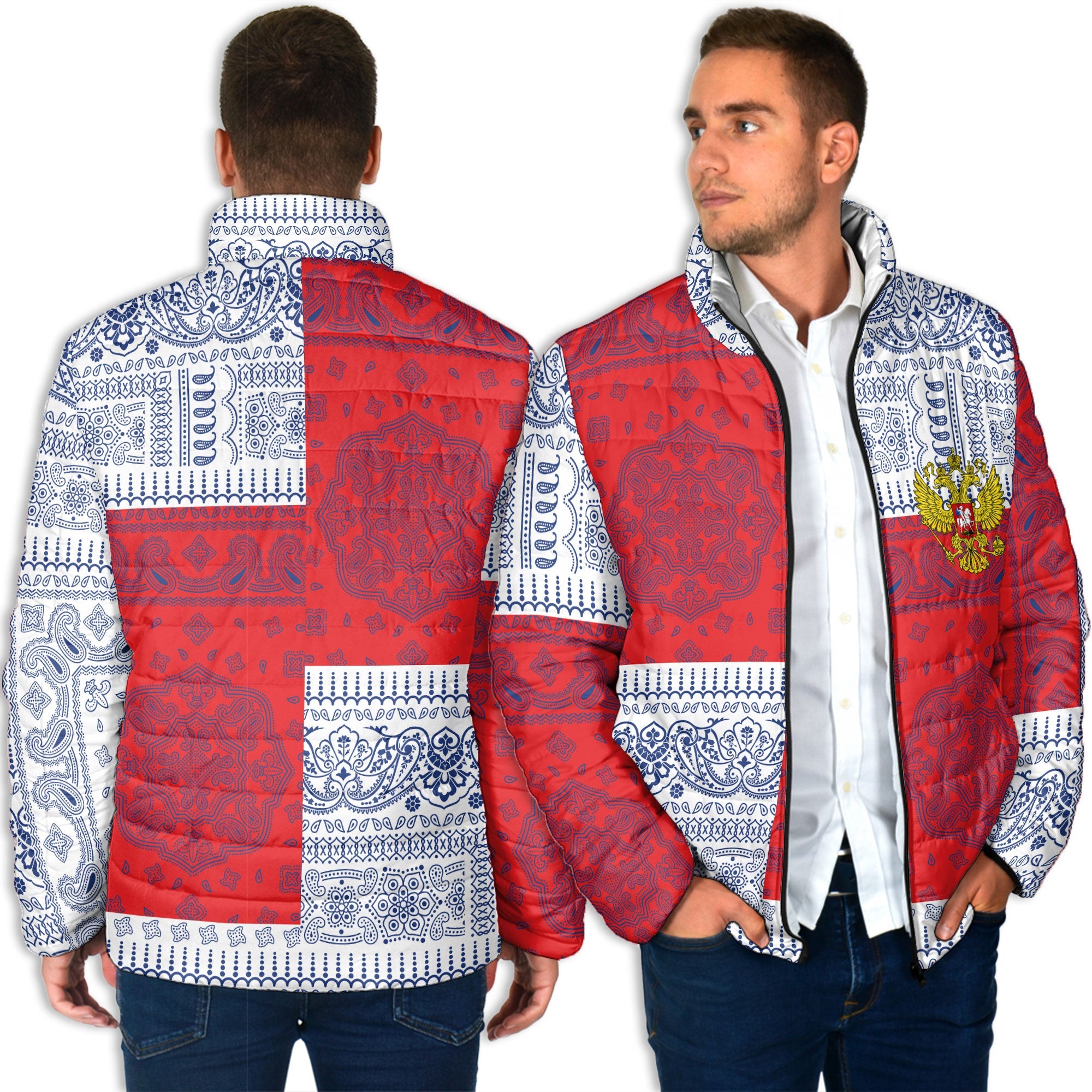 Russia Men Padded Jacket Flag And Paisley Basic Style 4