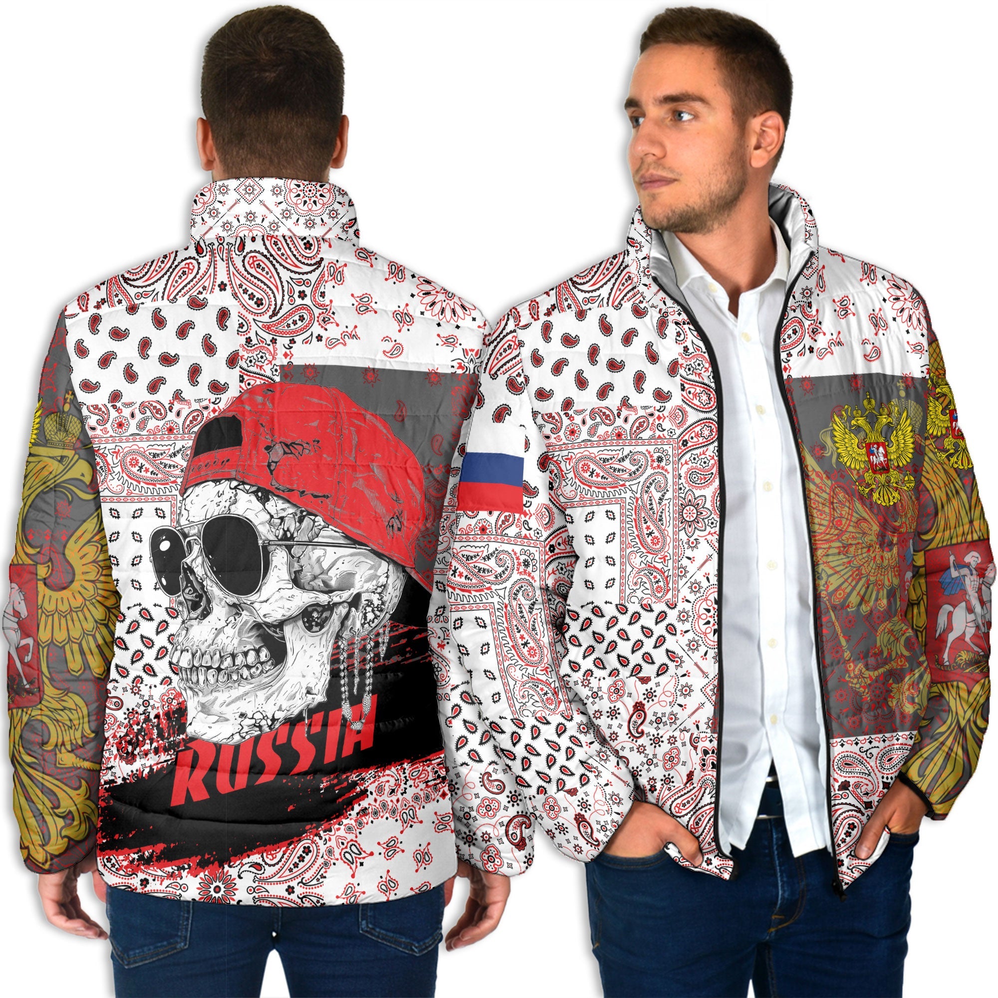 Russia Men Padded Jacket Paisley Flag And Skull Style 4