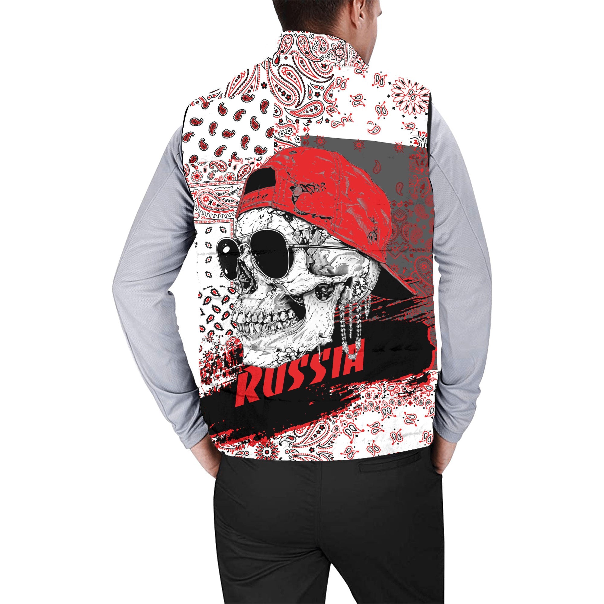 Russia Men Padded Jacket Vest Paisley Flag And Skull Style 2