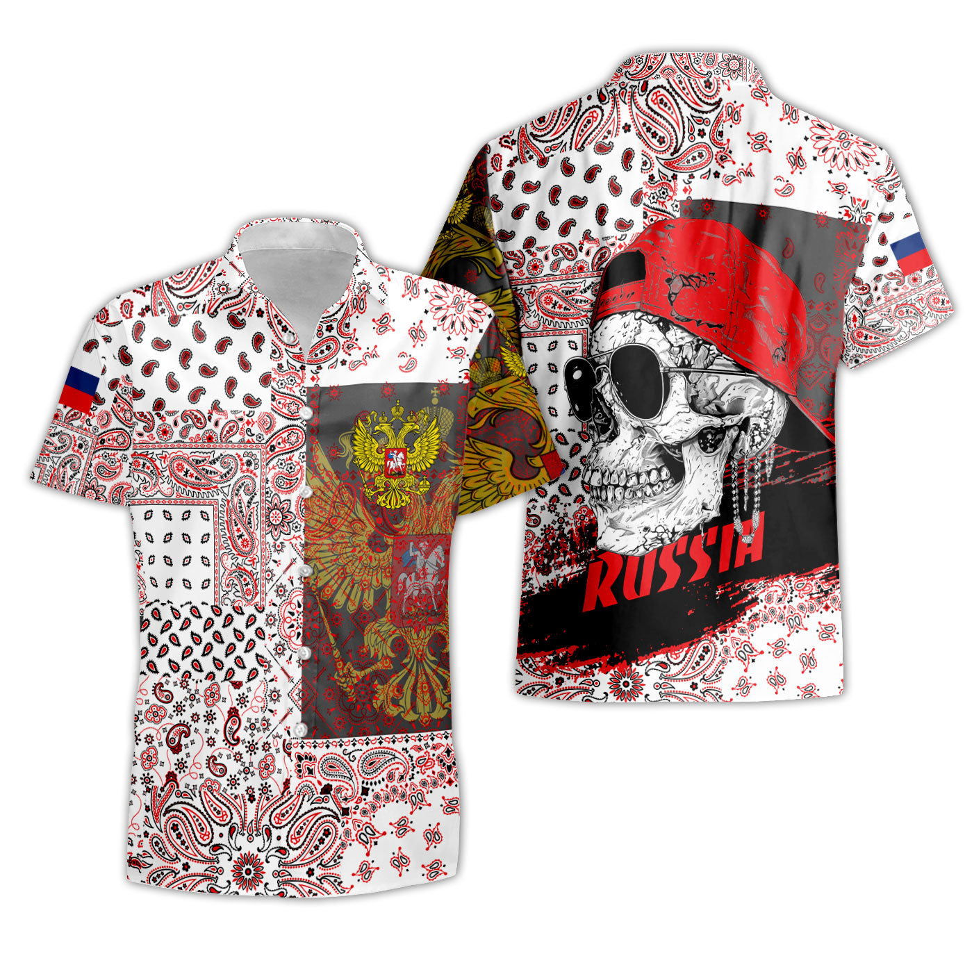 Russia Short Sleeve Shirt Paisley Flag And Skull Style 3