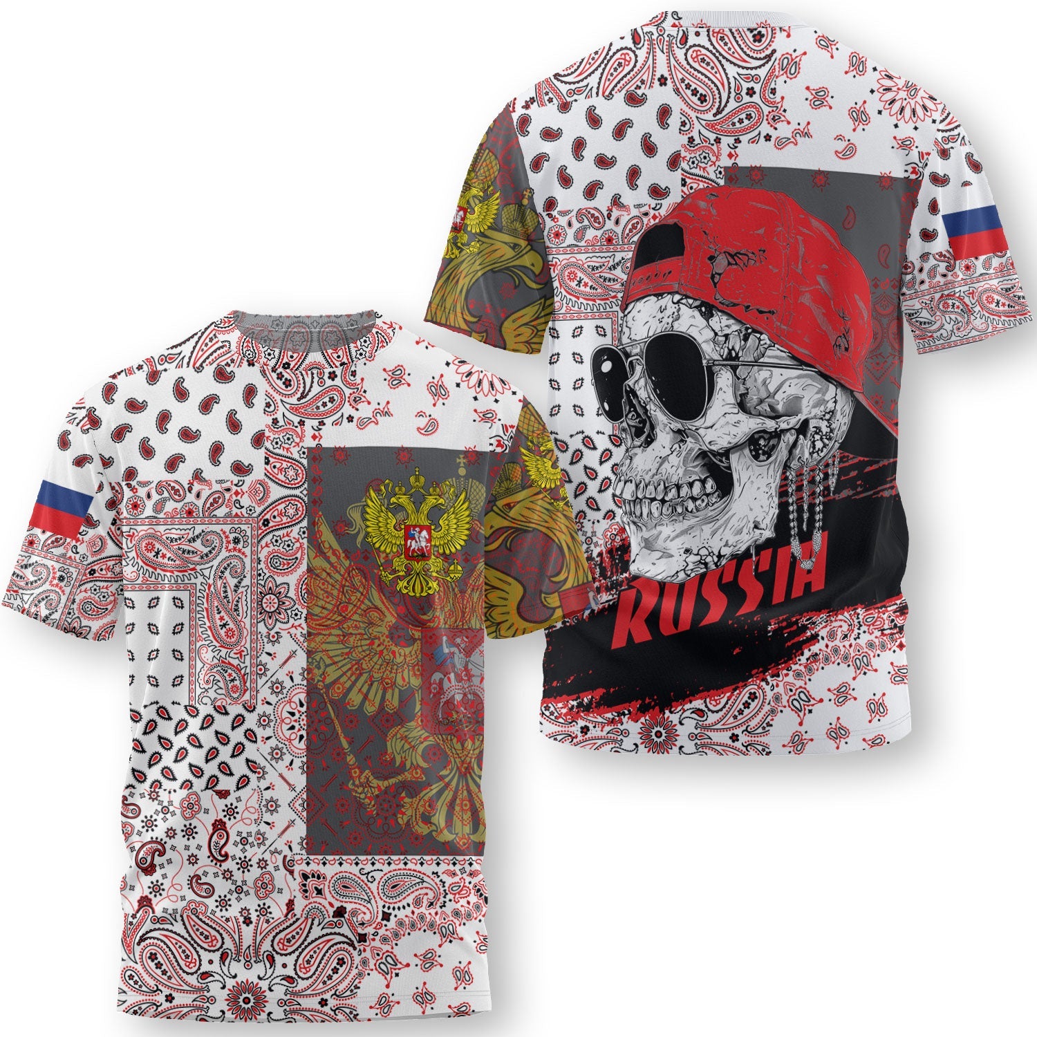 Russia T Shirt Paisley Flag And Skull Style 3