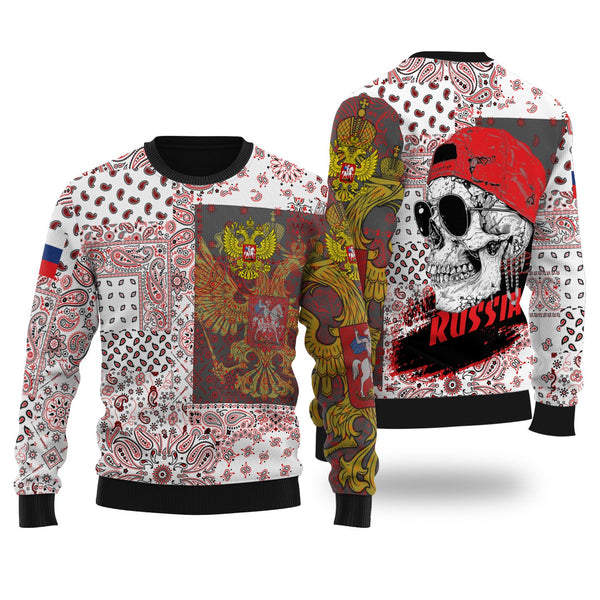 Russia Ugly Sweater Paisley Flag And Skull Style 1